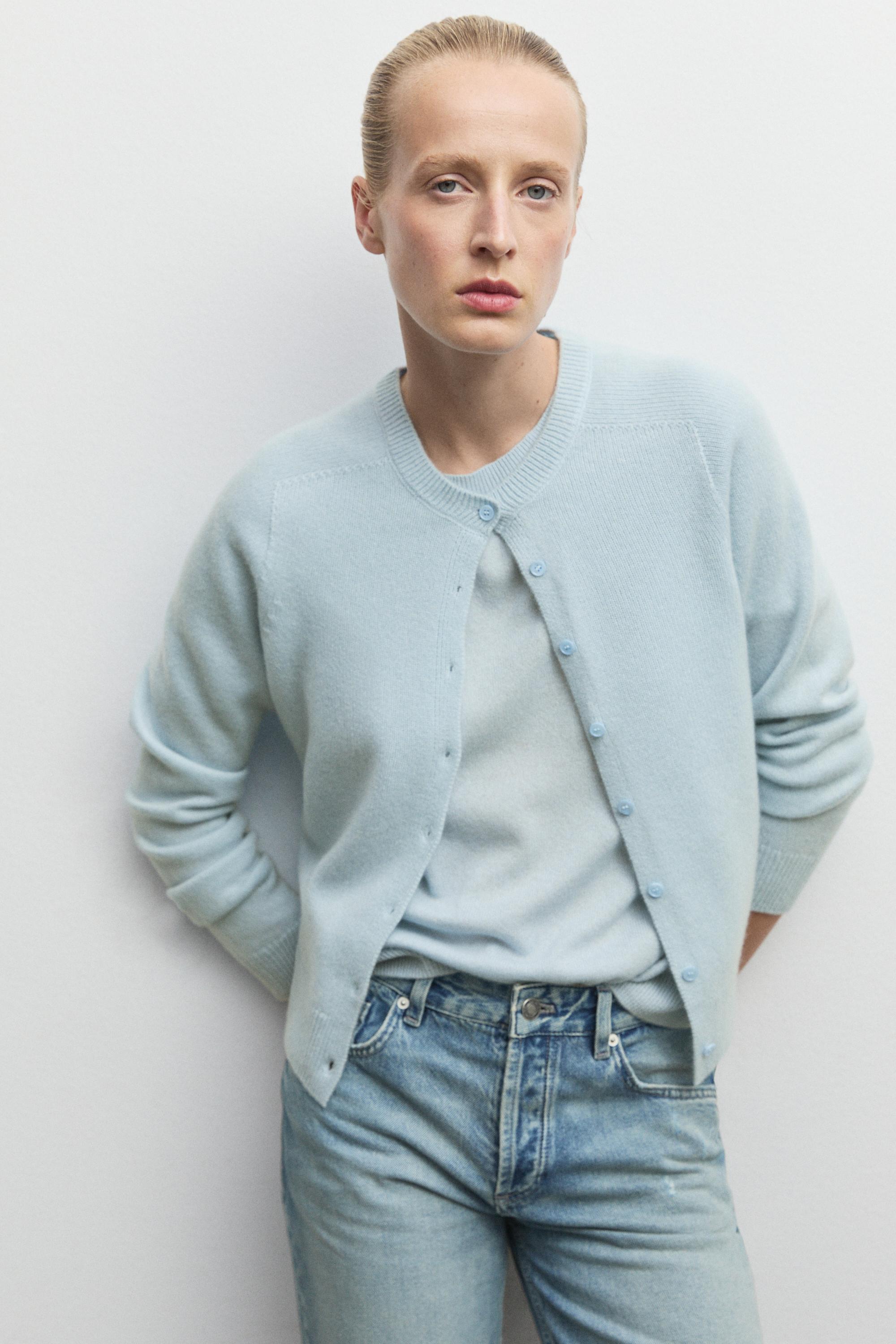 100% cashmere cropped knit cardigan - SKY BLUE