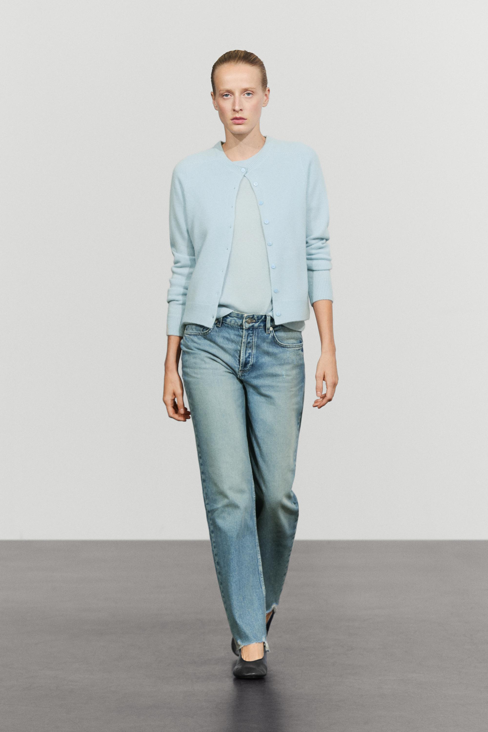 100% cashmere cropped knit cardigan - SKY BLUE