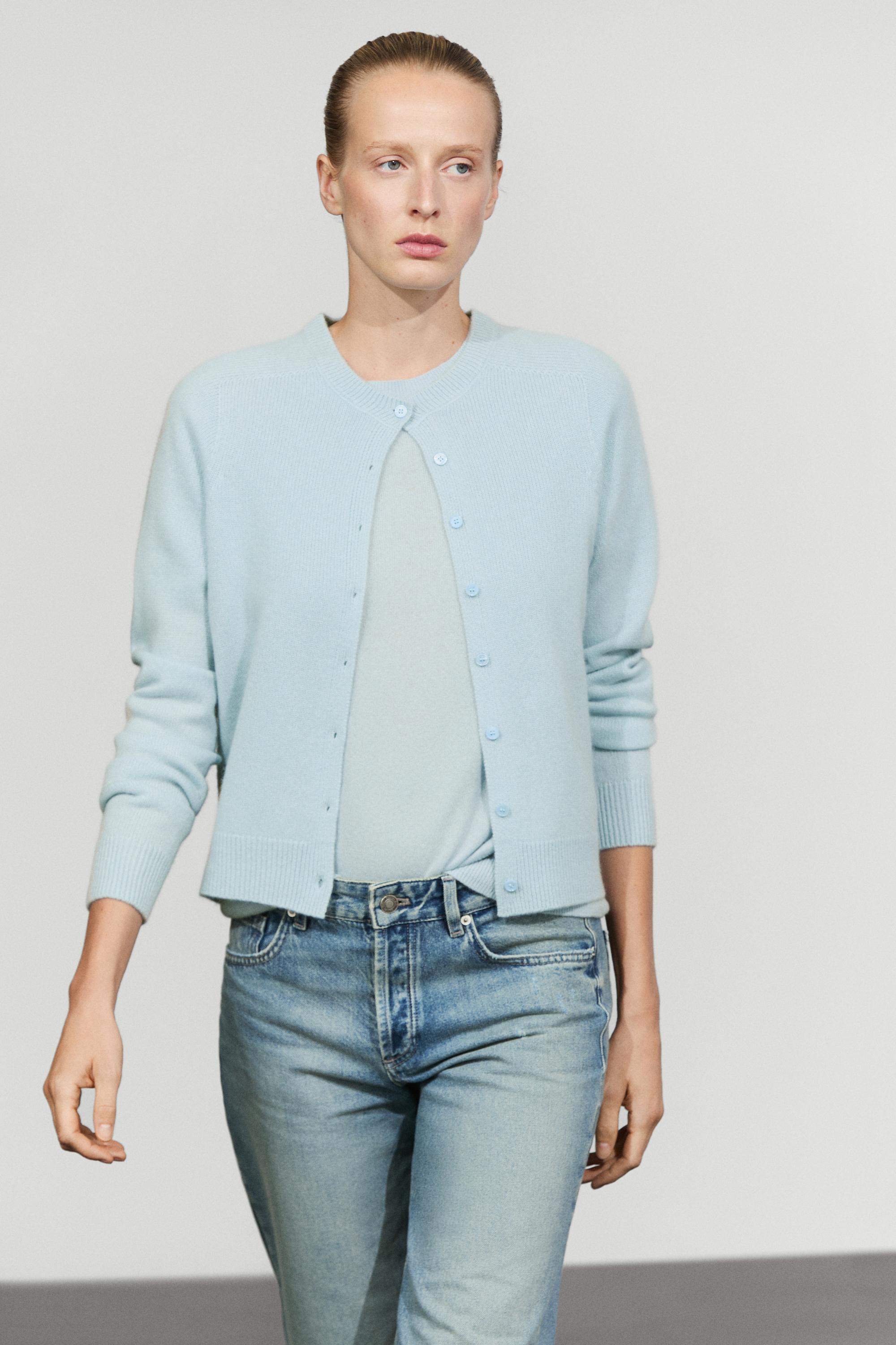 100% cashmere cropped knit cardigan - SKY BLUE