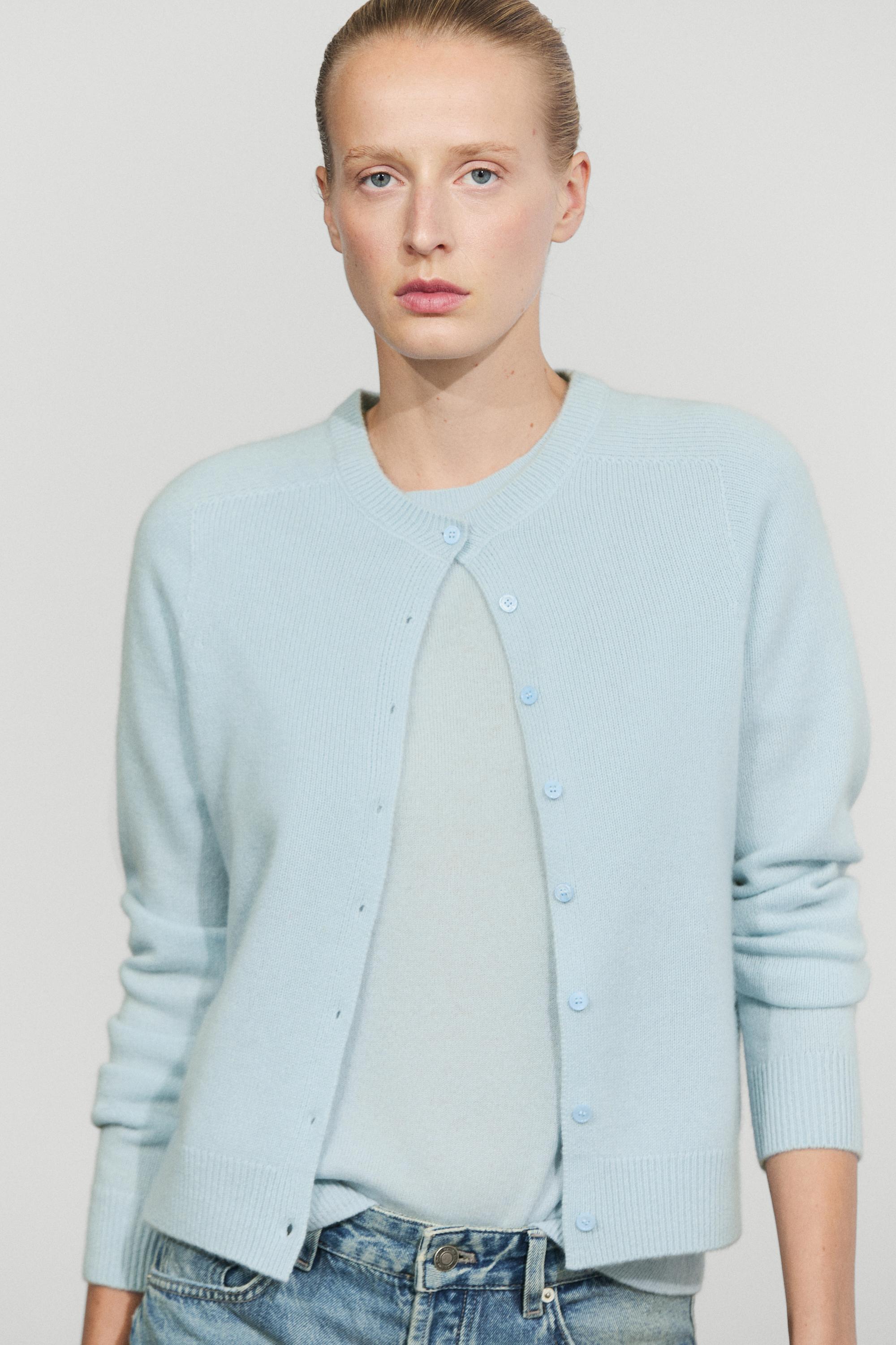 100% cashmere cropped knit cardigan - SKY BLUE