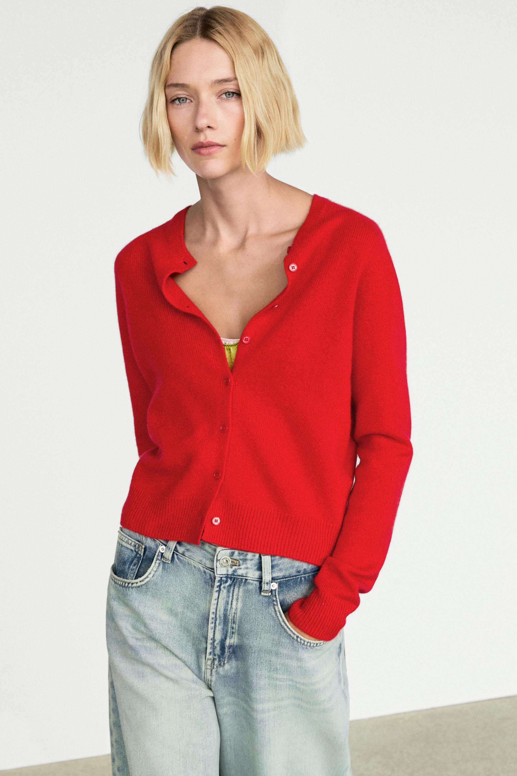 100% cashmere cropped knit cardigan - RED