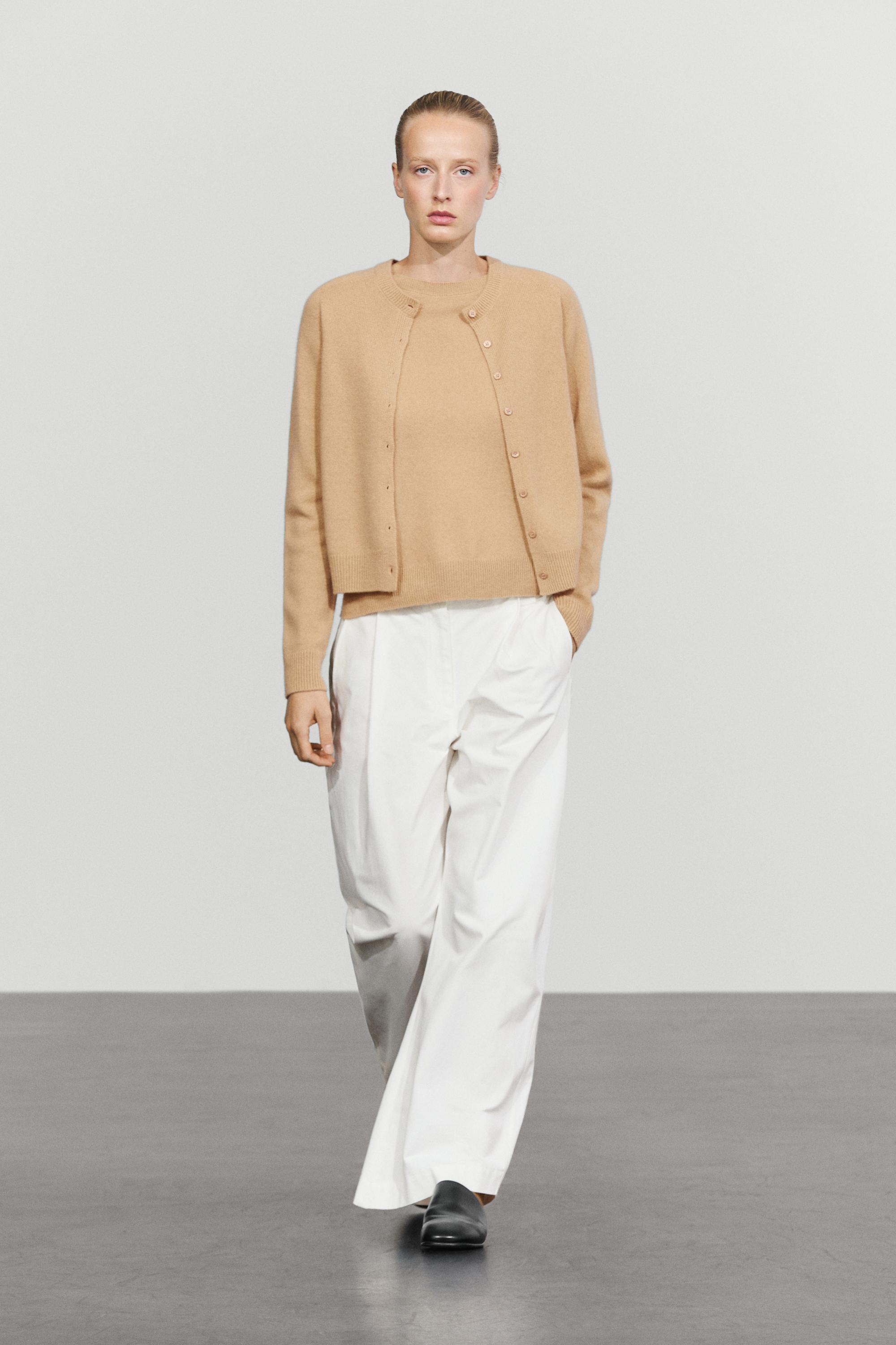 100% cashmere cropped knit cardigan - CAMEL