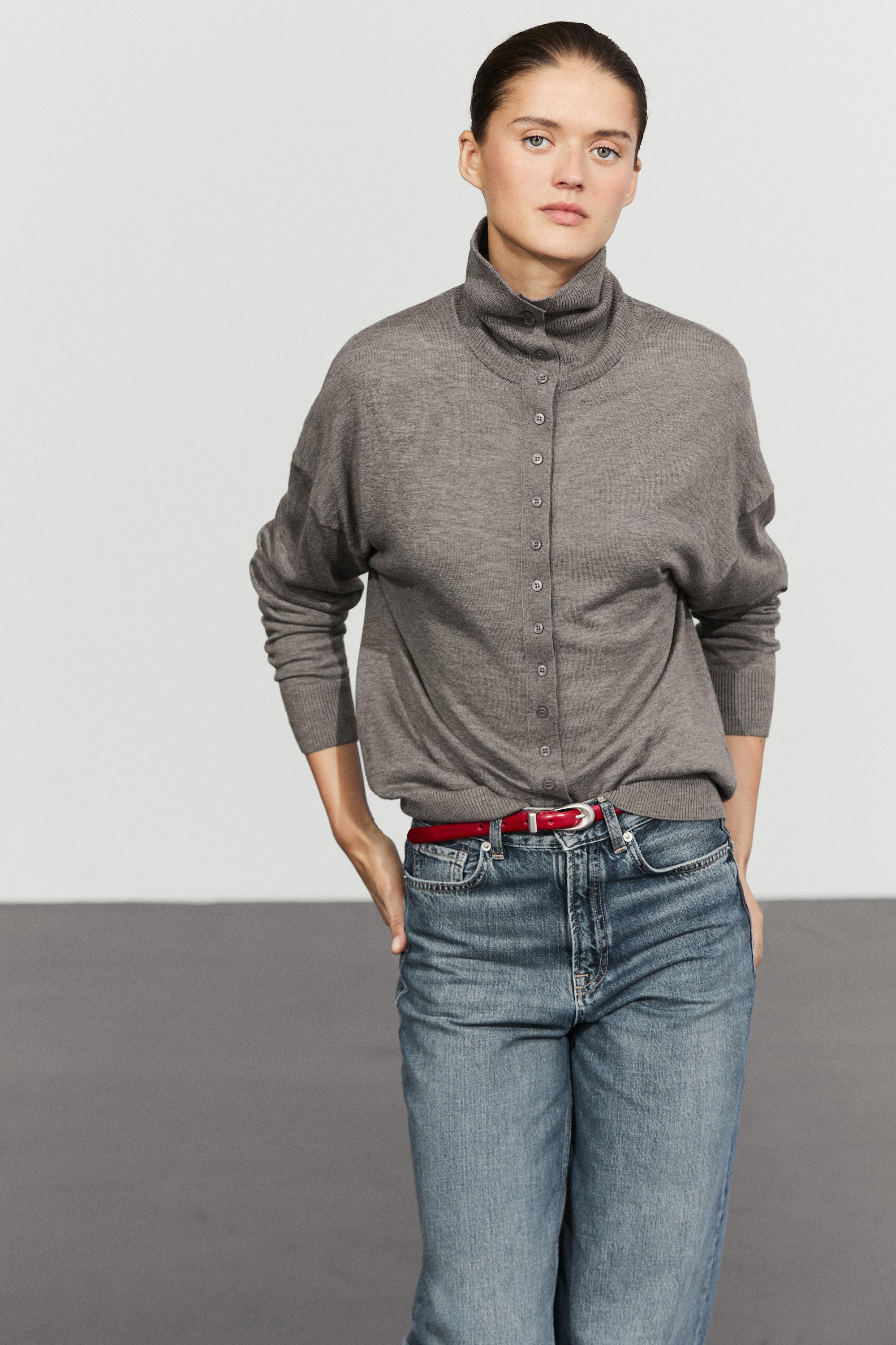 Turtleneck cardigan with button detail - GREY