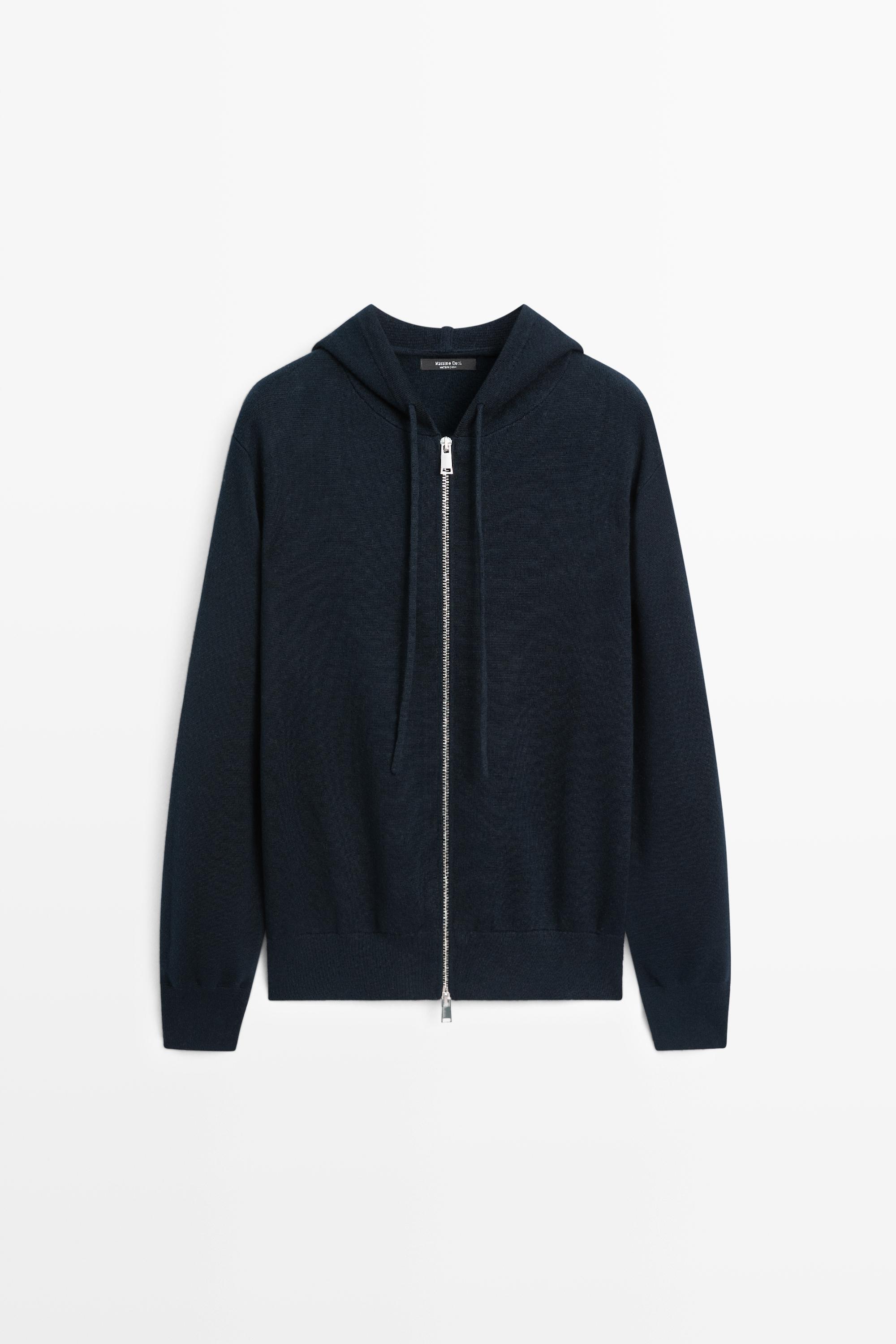 Cotton blend knit hooded cardigan - NAVY BLUE