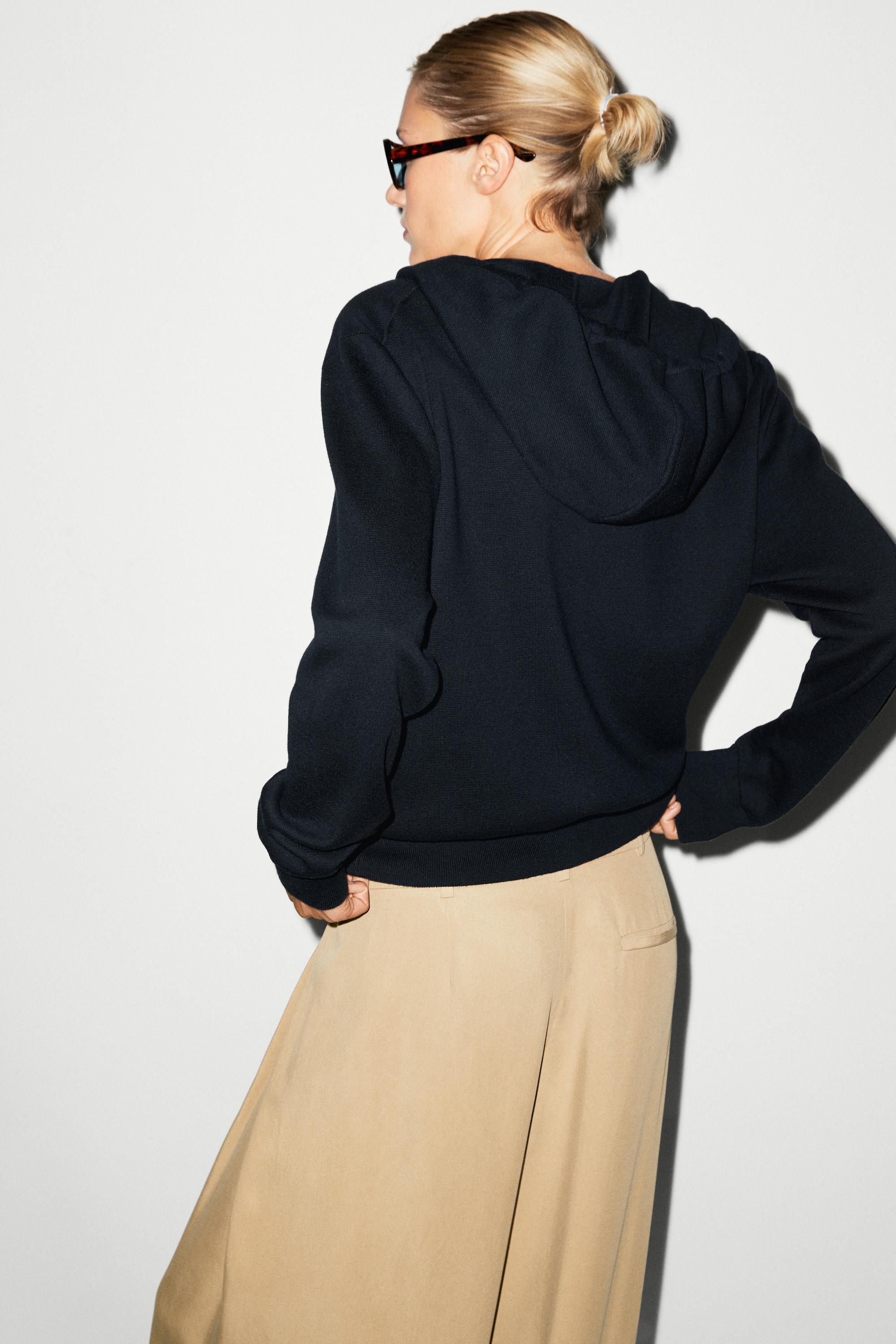 Cotton blend knit hooded cardigan - NAVY BLUE