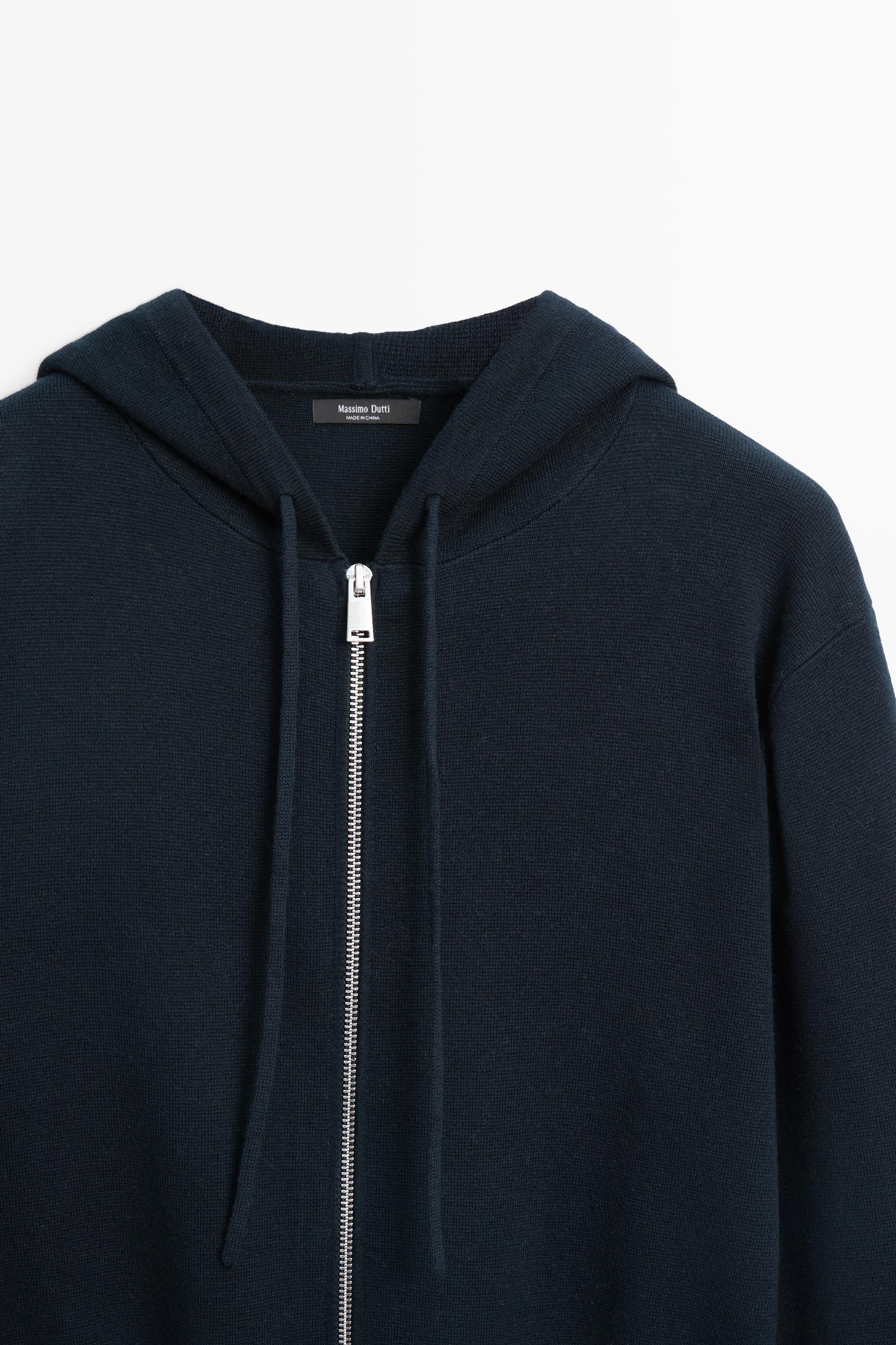Cotton blend knit hooded cardigan - NAVY BLUE
