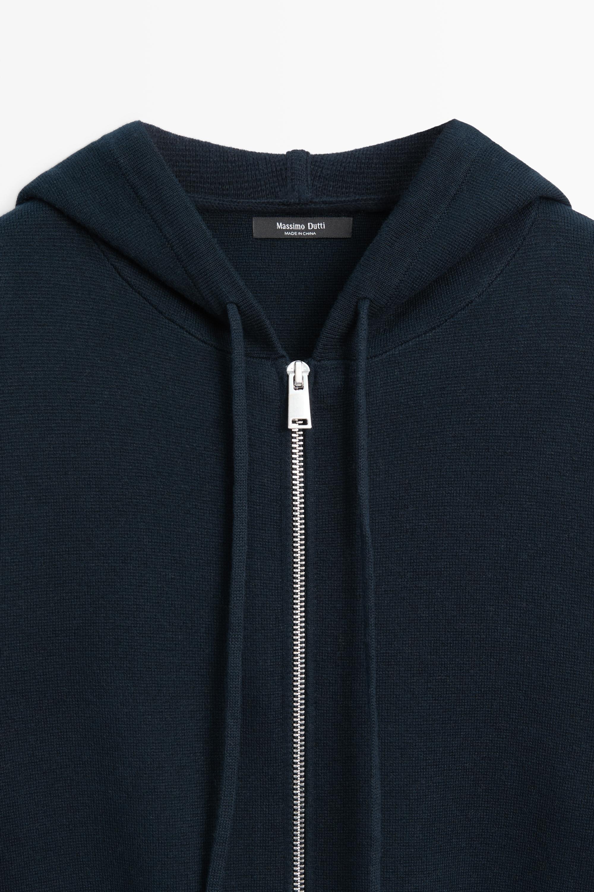 Cotton blend knit hooded cardigan - NAVY BLUE