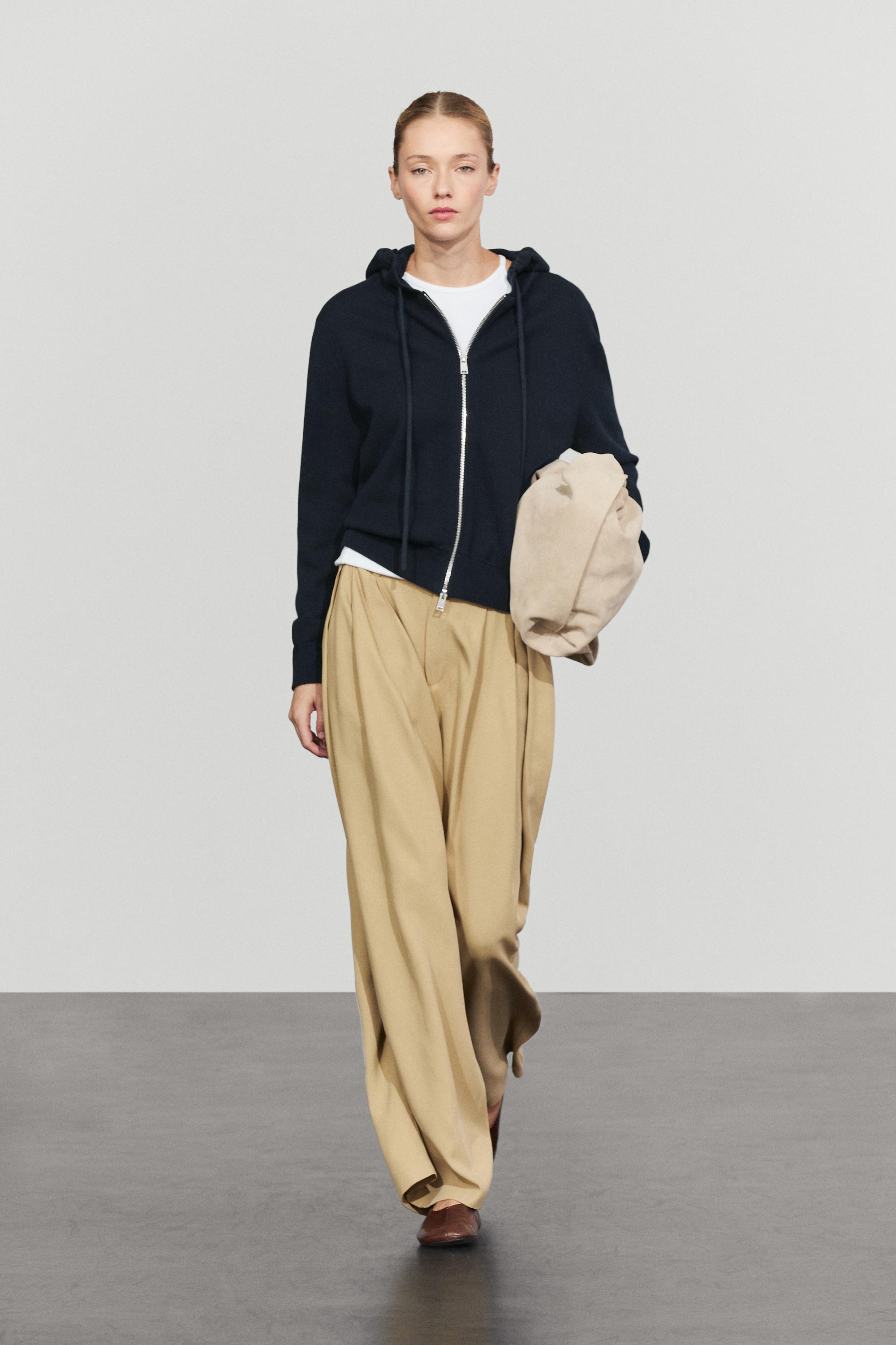 Cotton blend knit hooded cardigan - NAVY BLUE