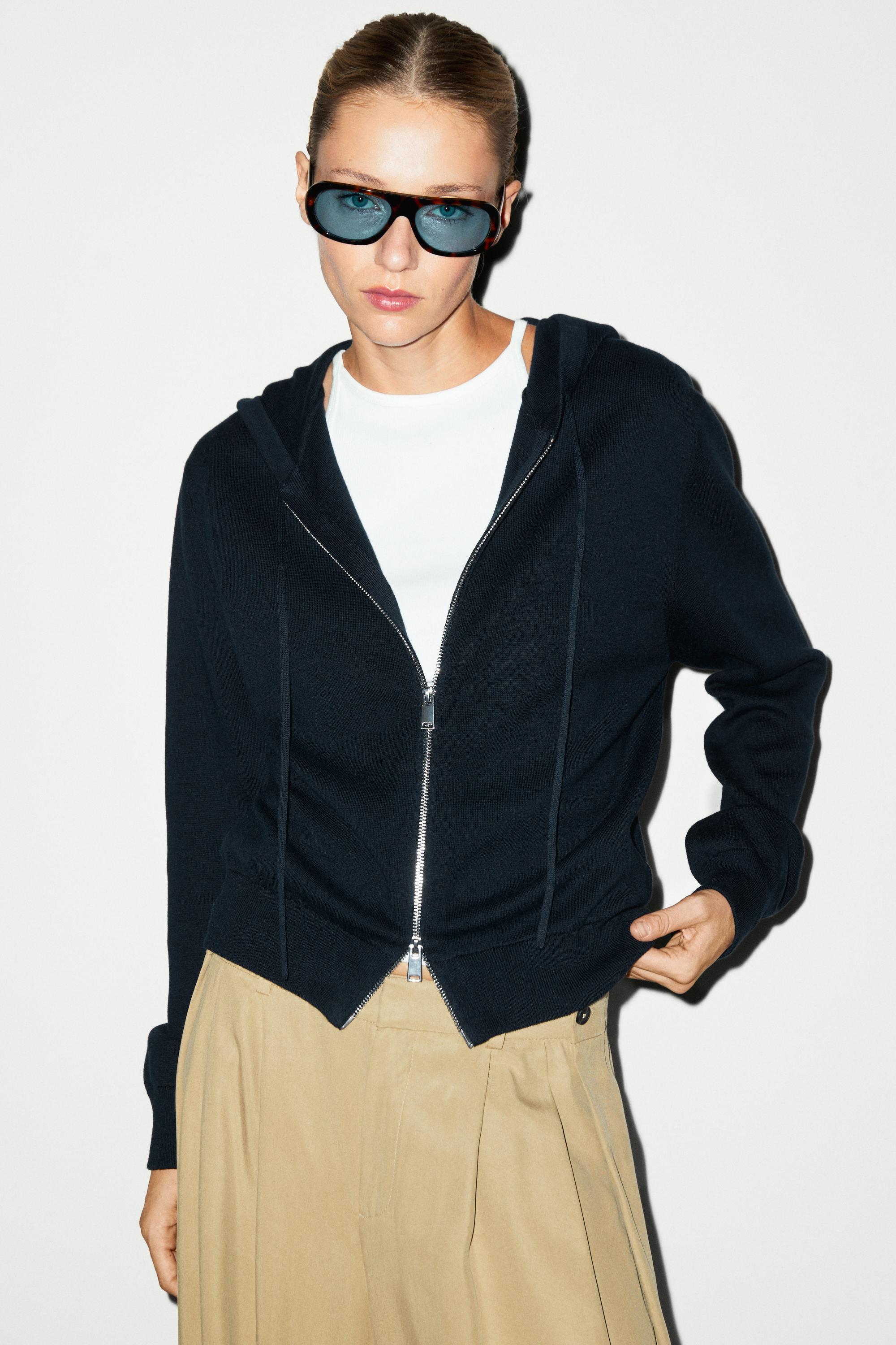 Cotton blend knit hooded cardigan - NAVY BLUE