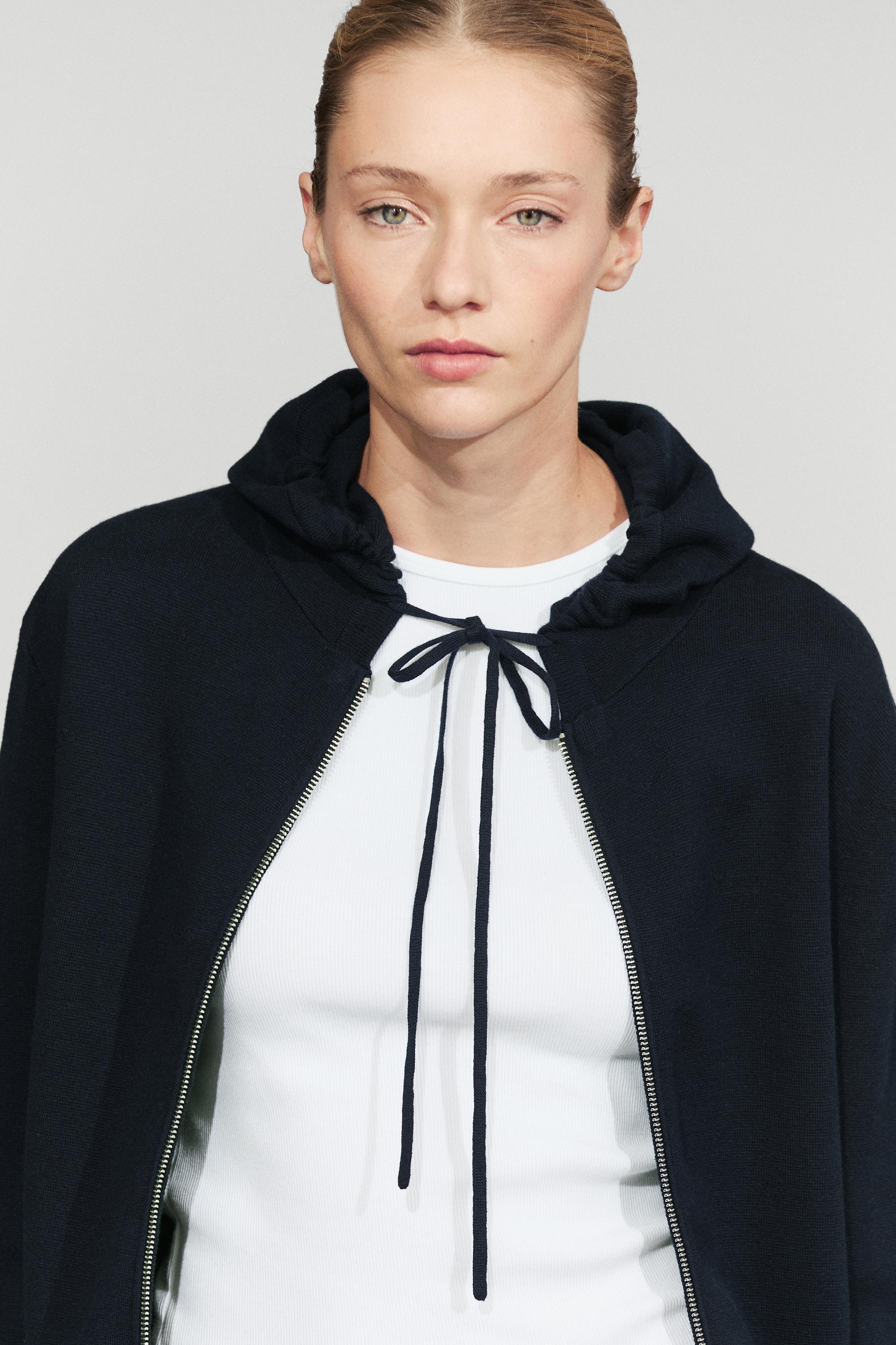 Cotton blend knit hooded cardigan - NAVY BLUE