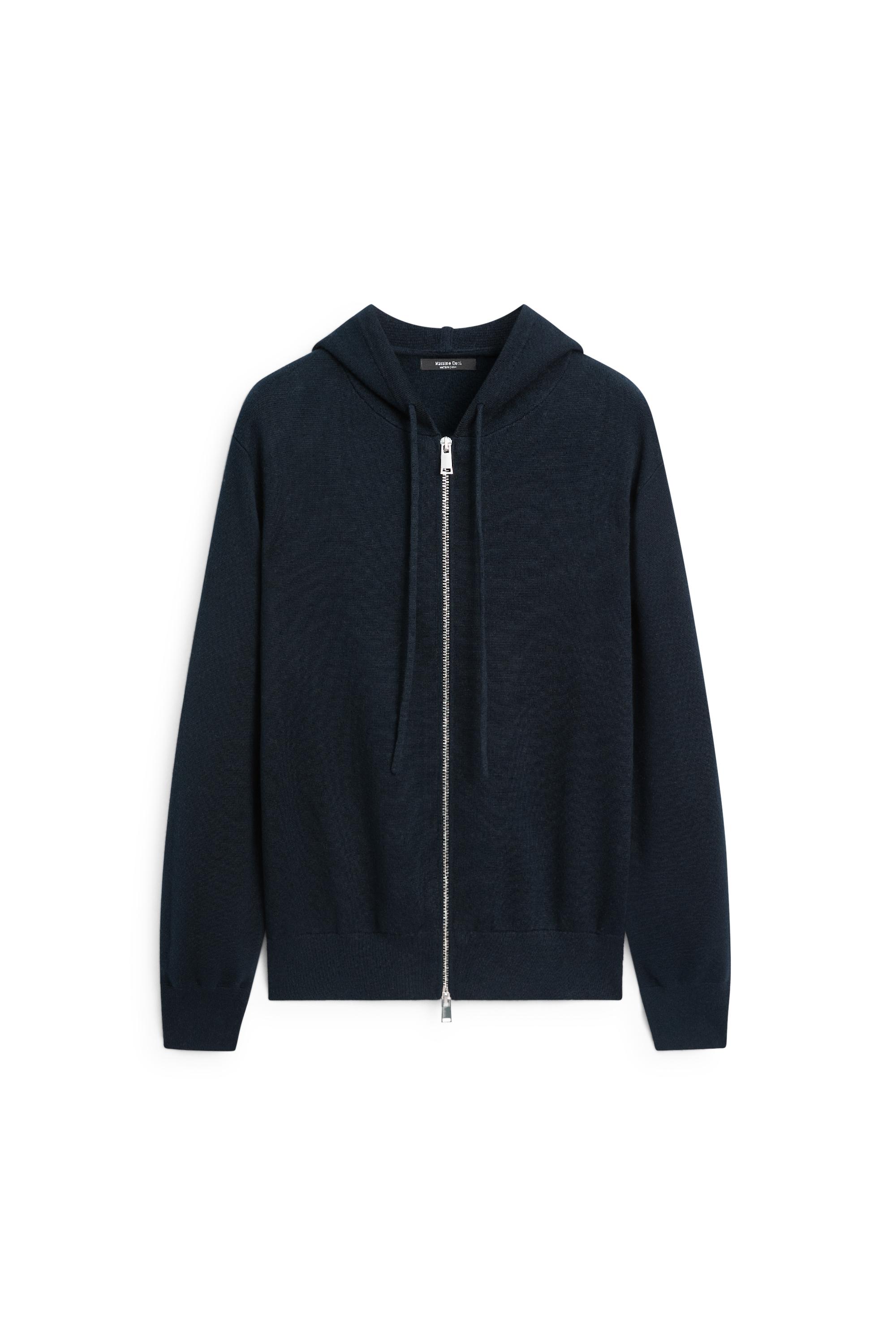Cotton blend knit hooded cardigan - NAVY BLUE