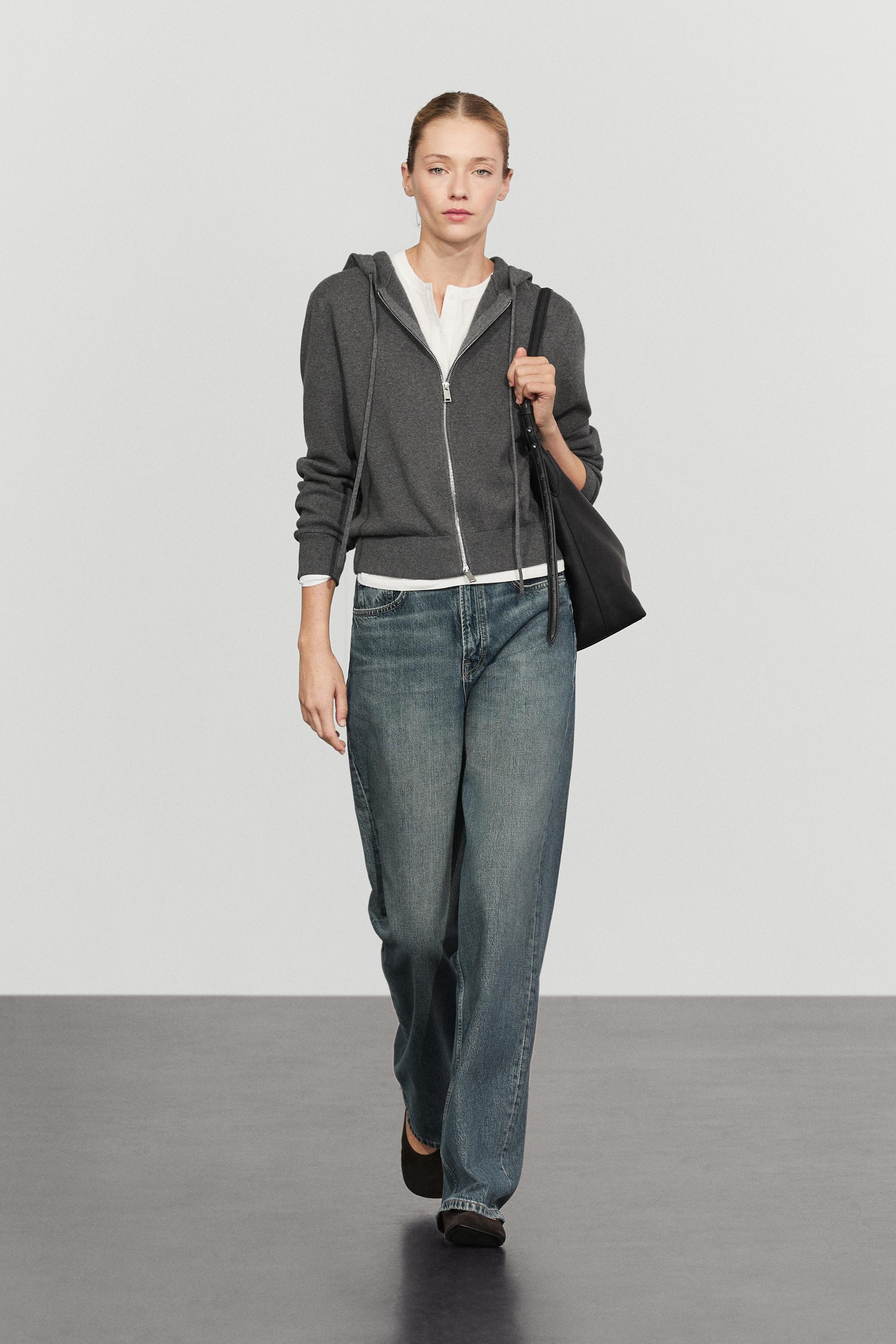 Cotton blend knit hooded cardigan - GREY