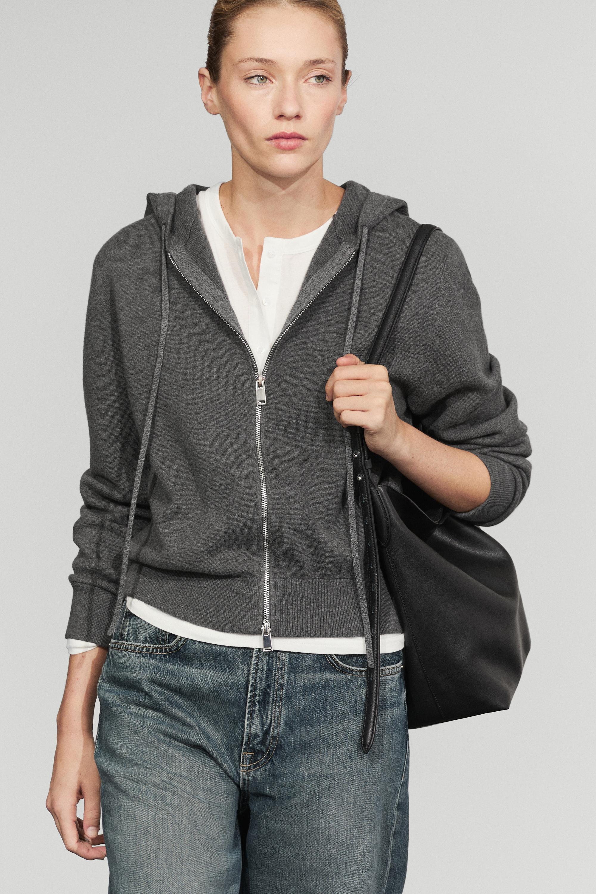 Cotton blend knit hooded cardigan - GREY