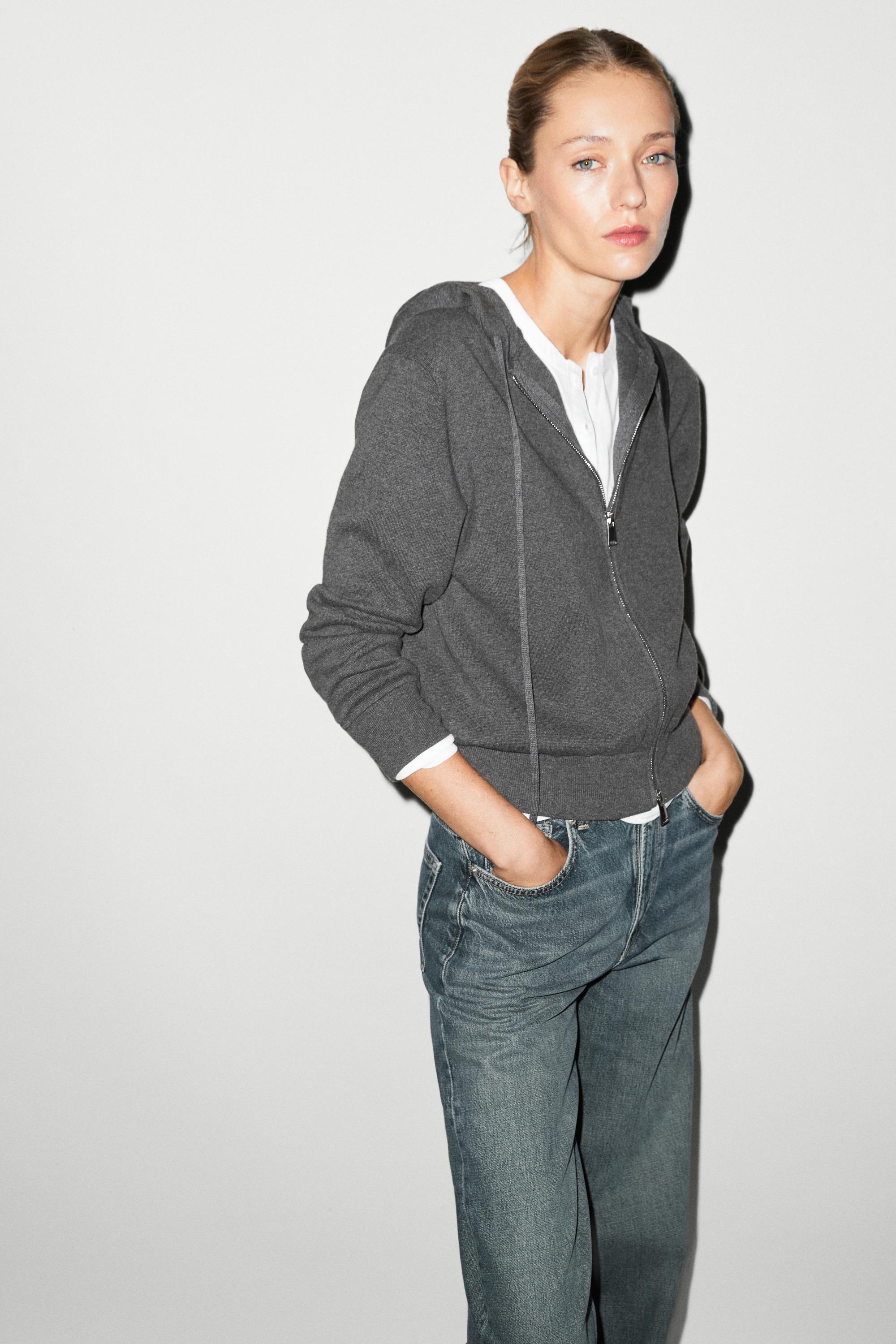Cotton blend knit hooded cardigan - GREY
