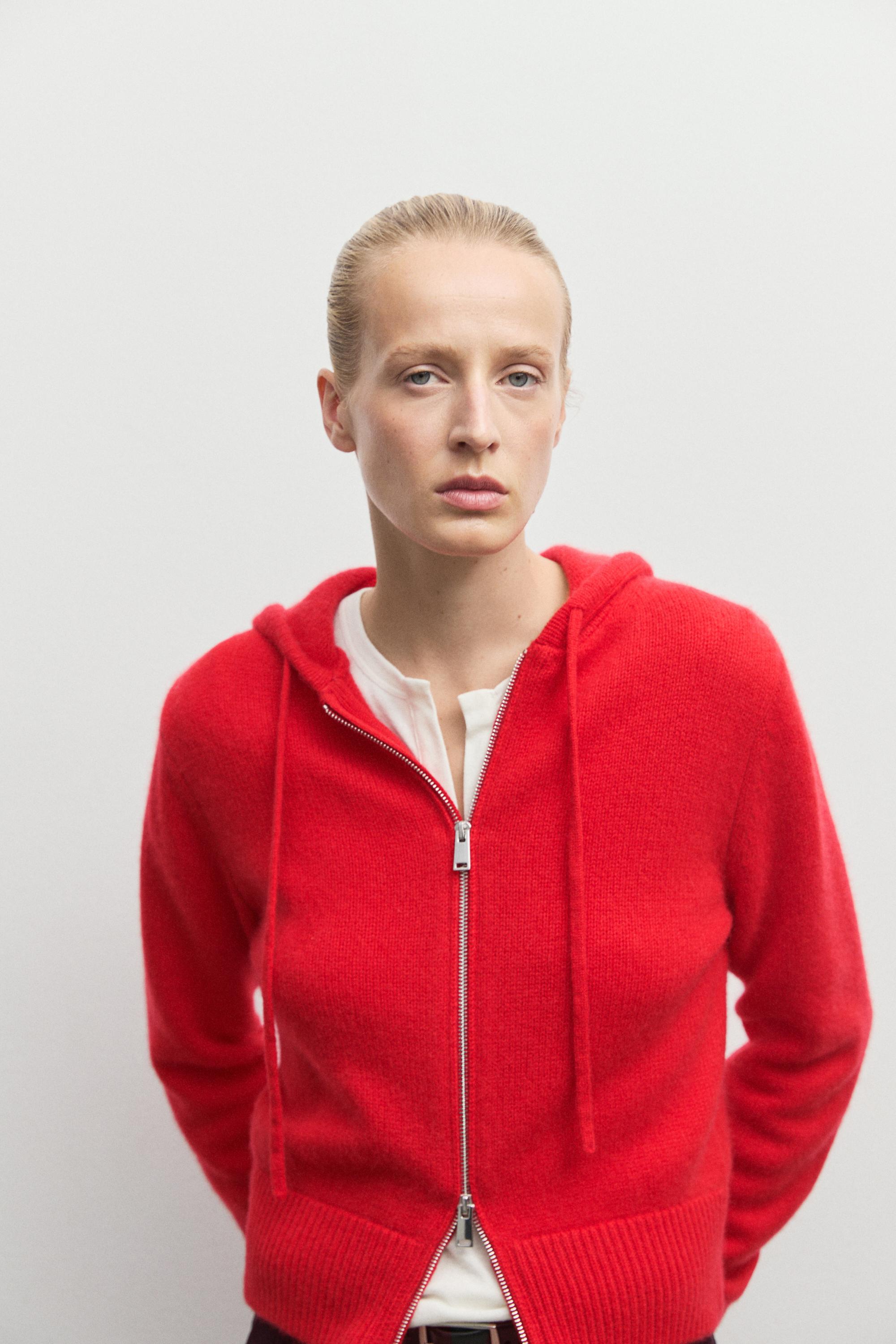 100% cashmere hooded zip-up cardigan - RED