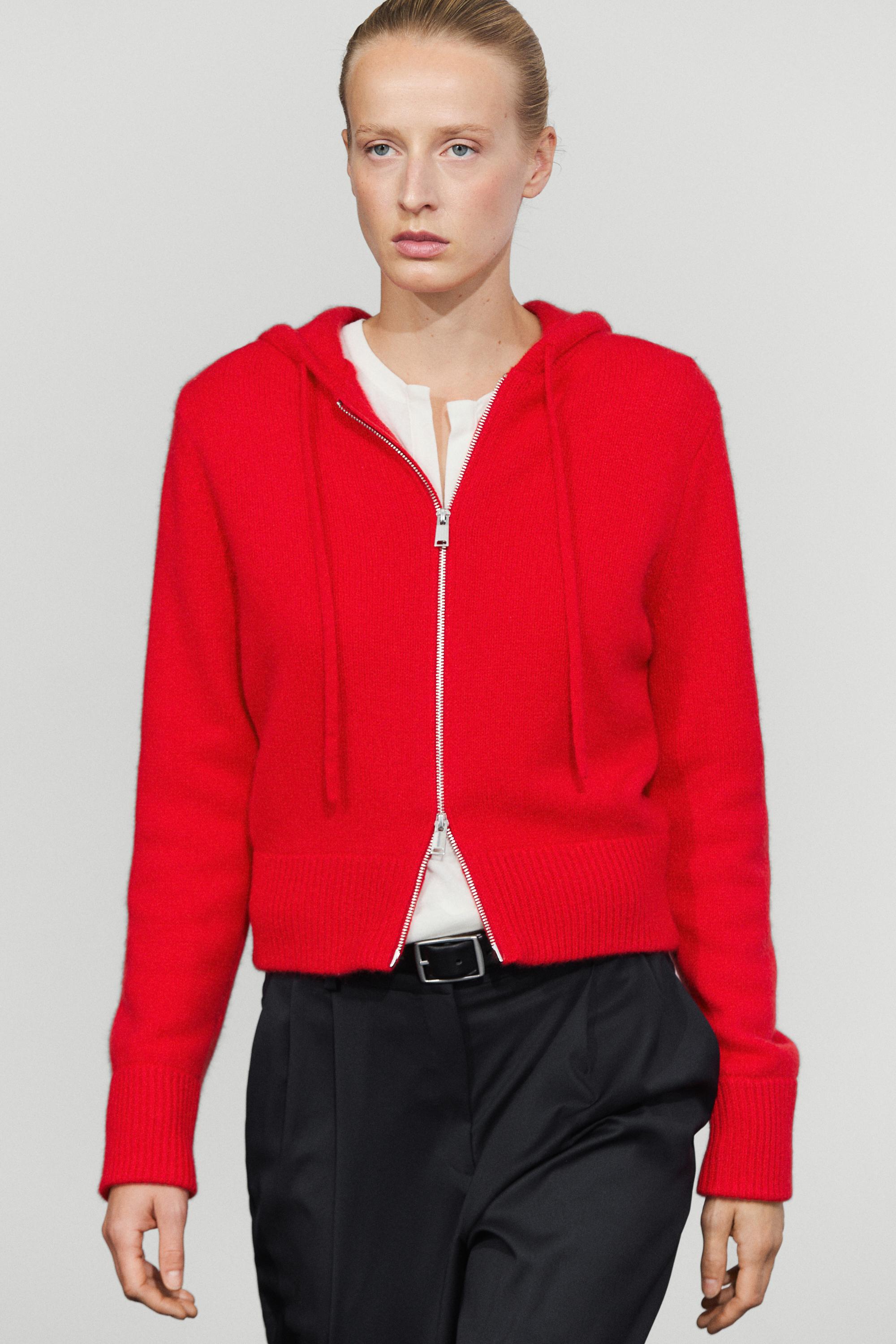 100% cashmere hooded zip-up cardigan - RED