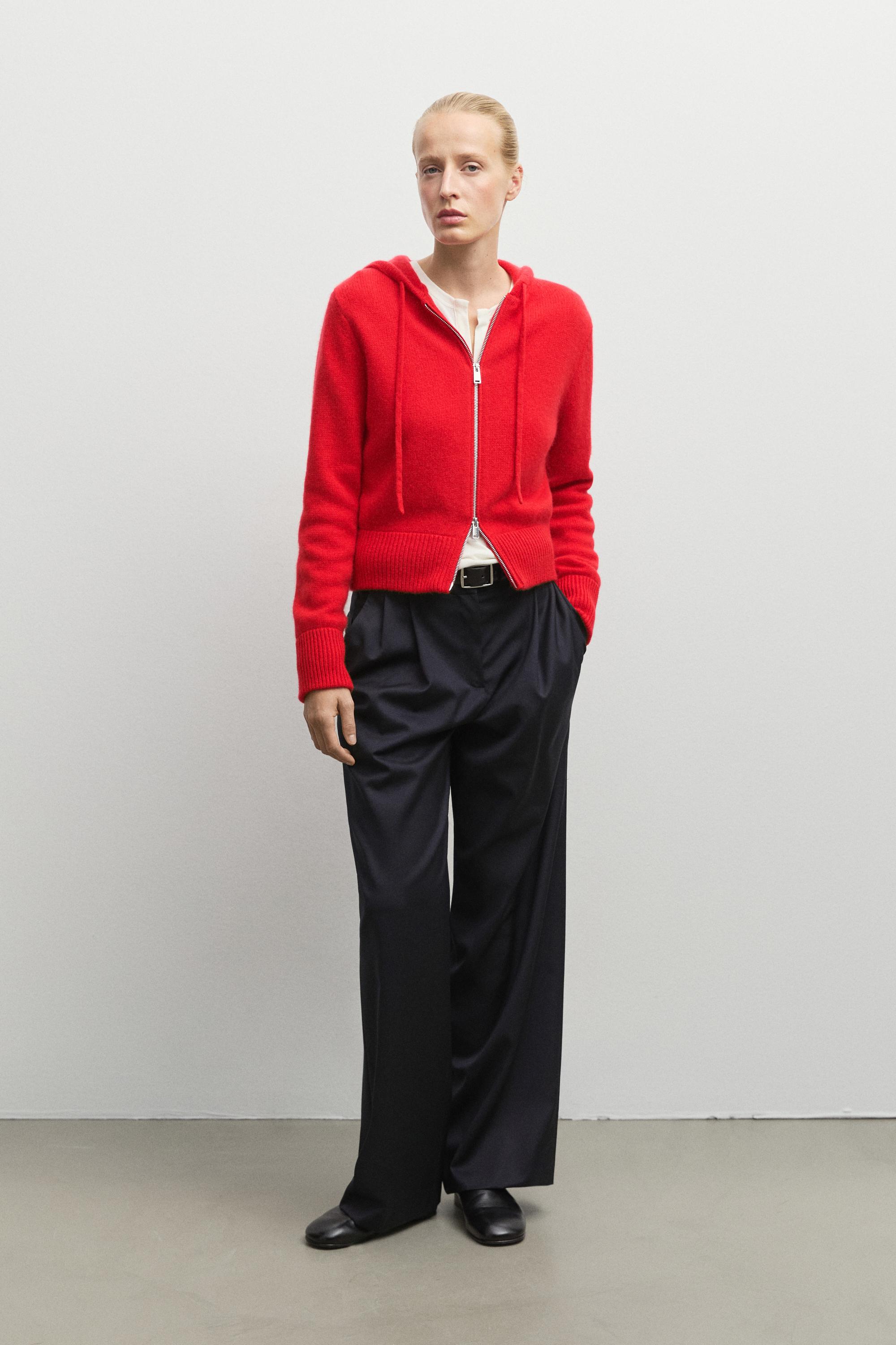 100% cashmere hooded zip-up cardigan - RED