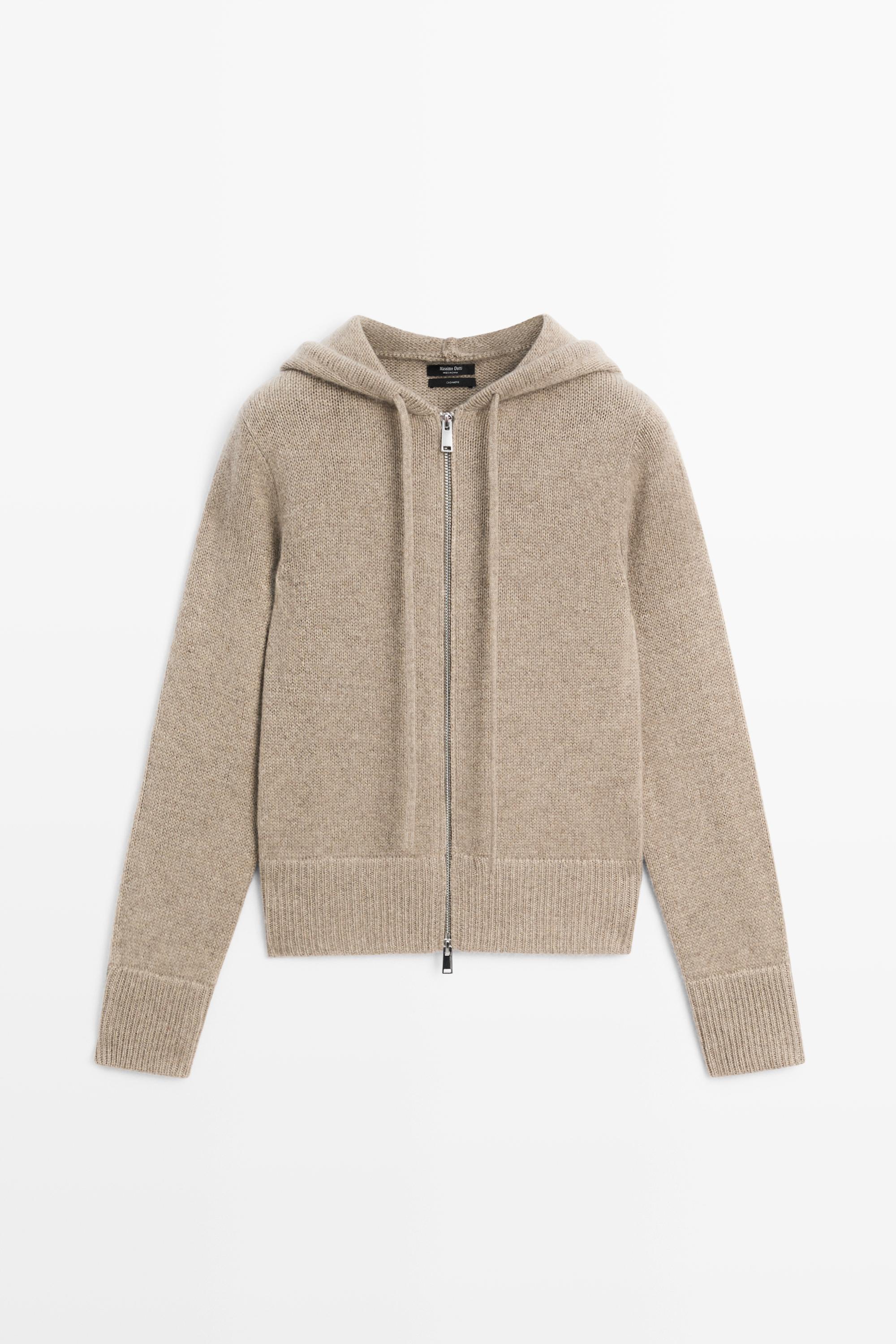 100% cashmere hooded zip-up cardigan - BEIGE