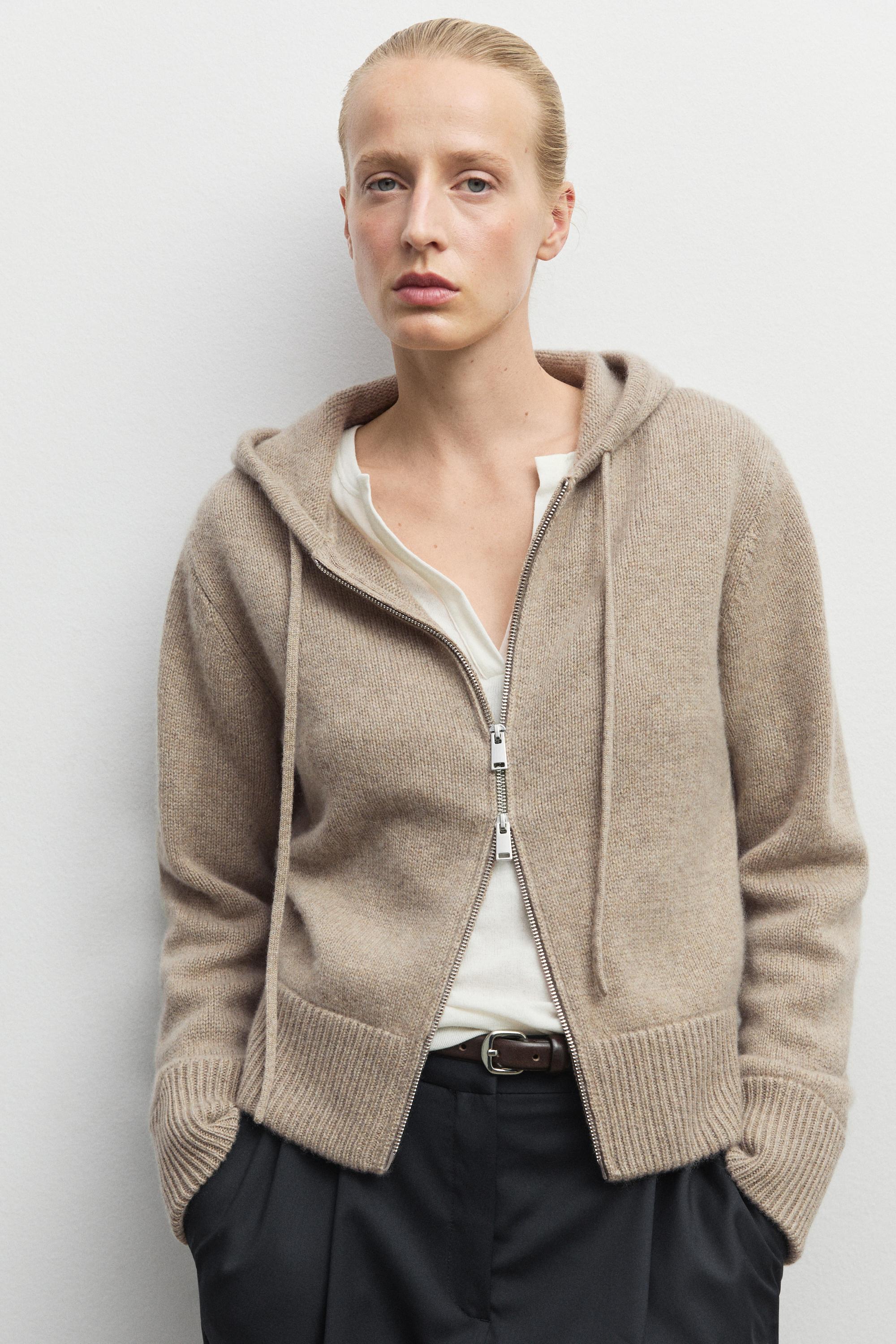 100% cashmere hooded zip-up cardigan - BEIGE