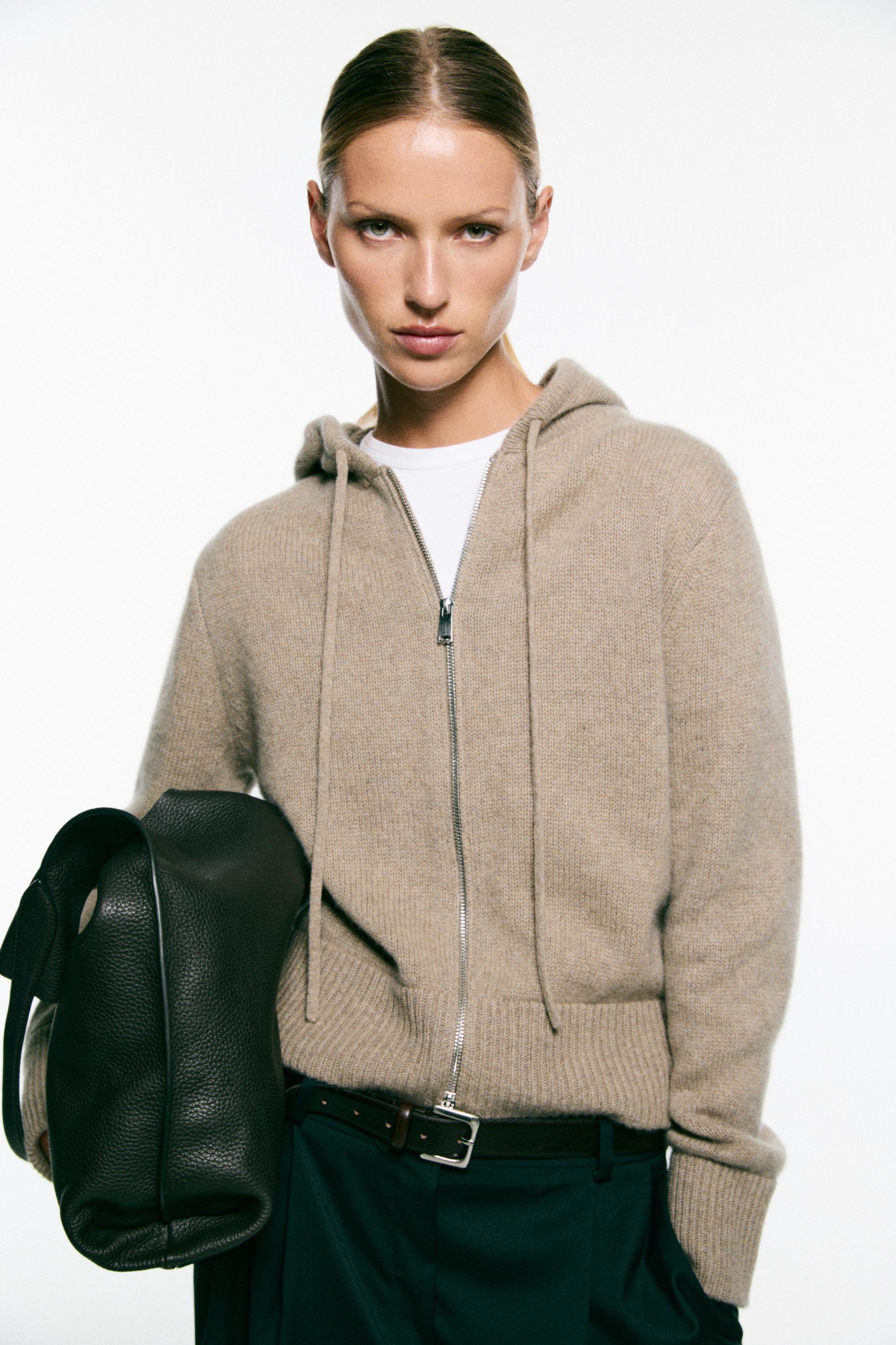 100% cashmere hooded zip-up cardigan - BEIGE