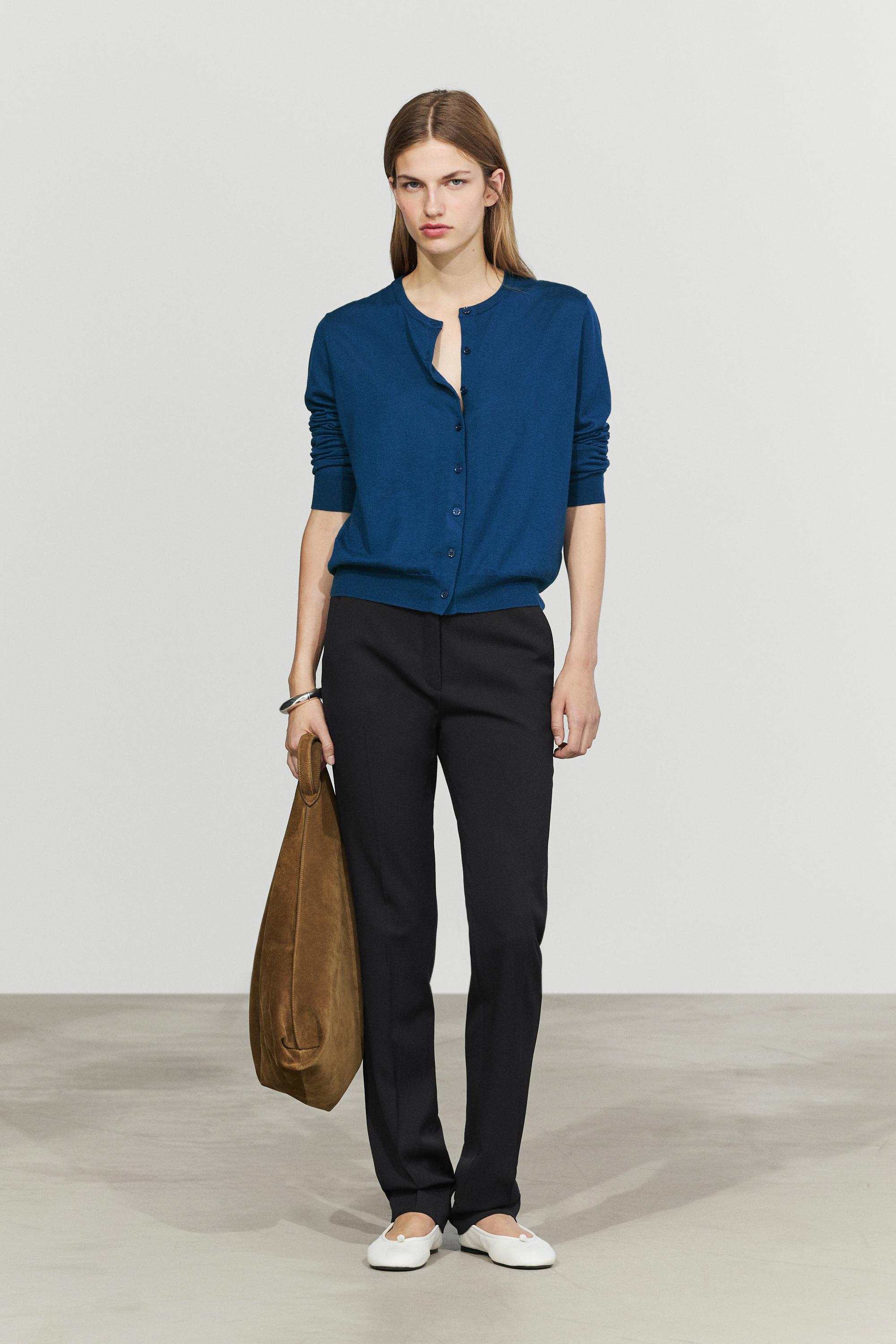 Fine-knit round neck cardigan - DEEP BLUE