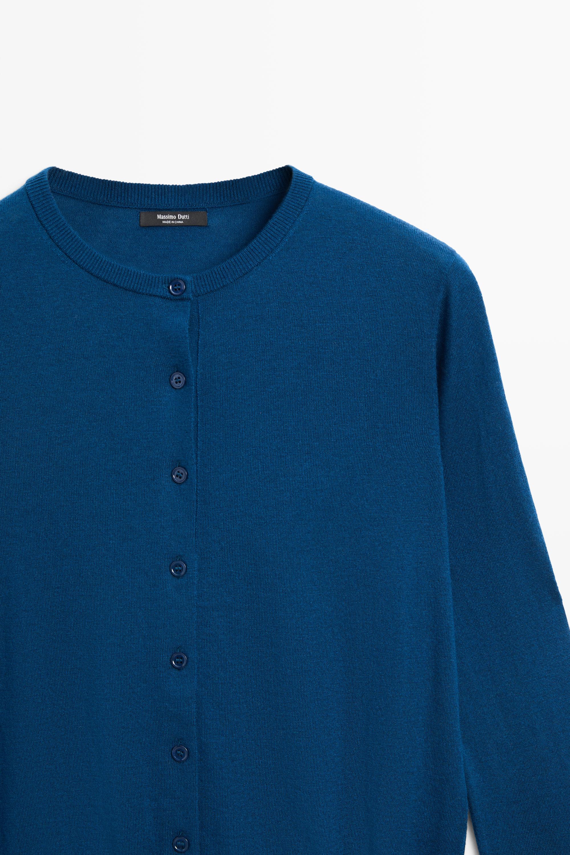 Fine-knit round neck cardigan - DEEP BLUE
