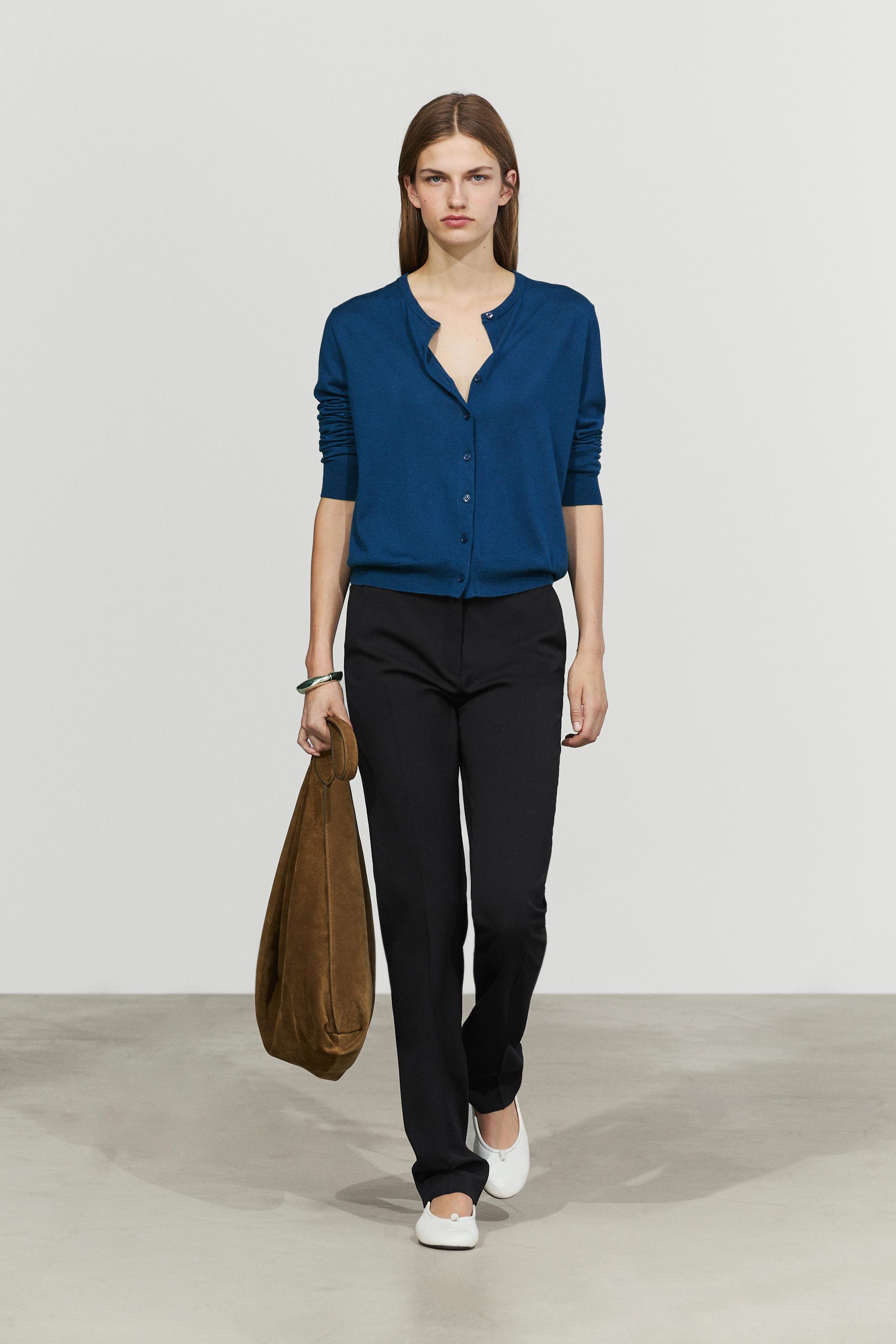 Fine-knit round neck cardigan - DEEP BLUE