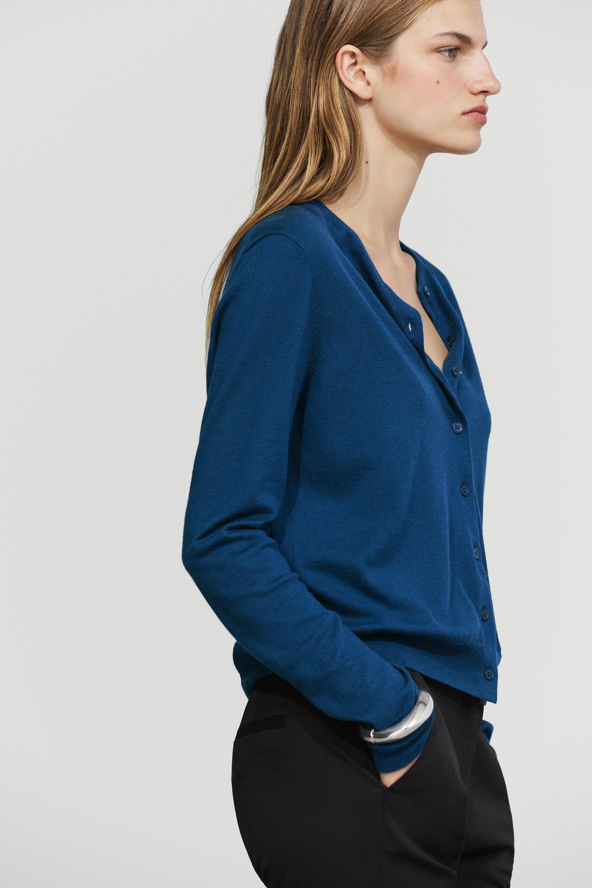 Fine-knit round neck cardigan - DEEP BLUE