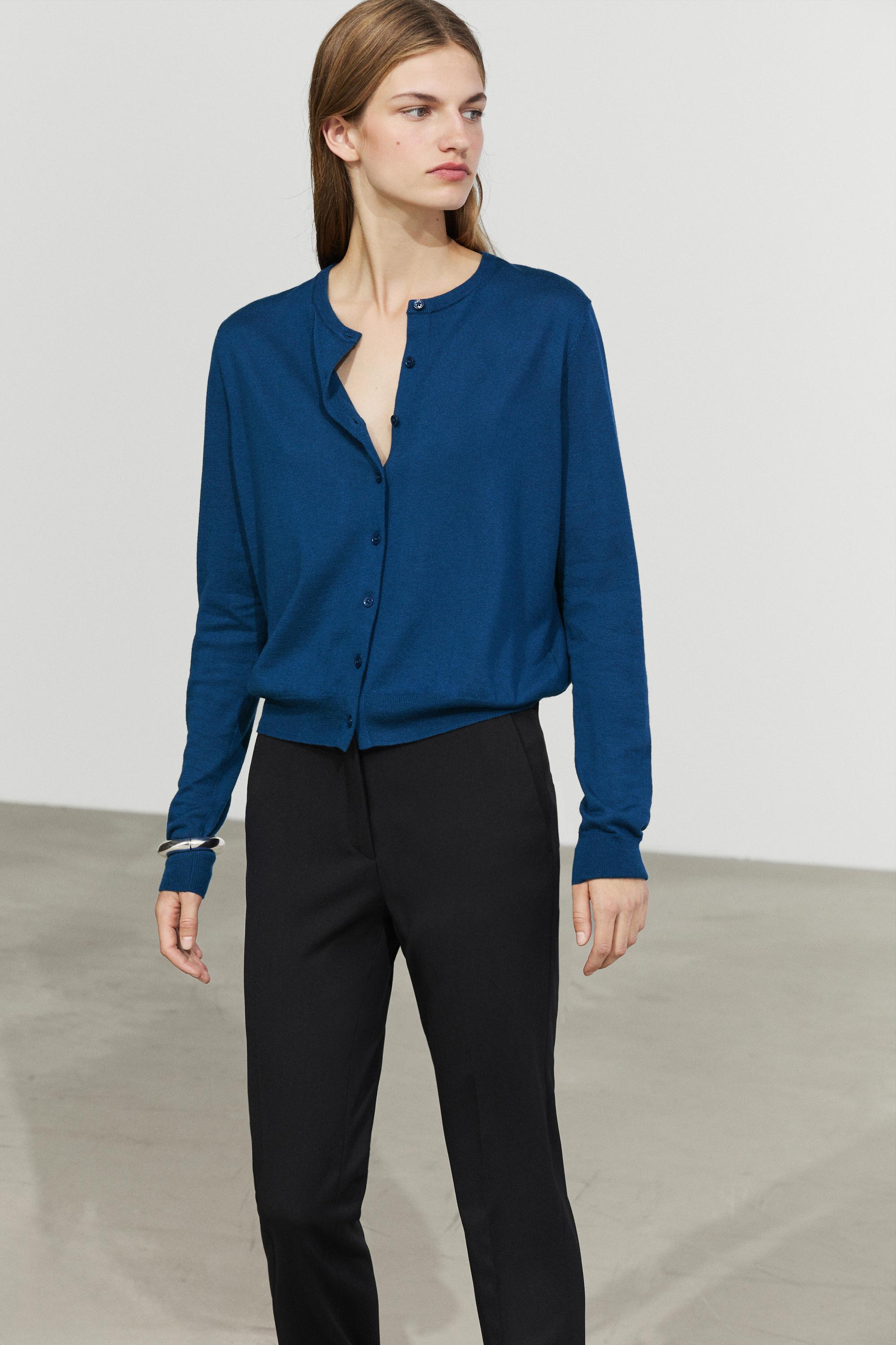 Fine-knit round neck cardigan - DEEP BLUE