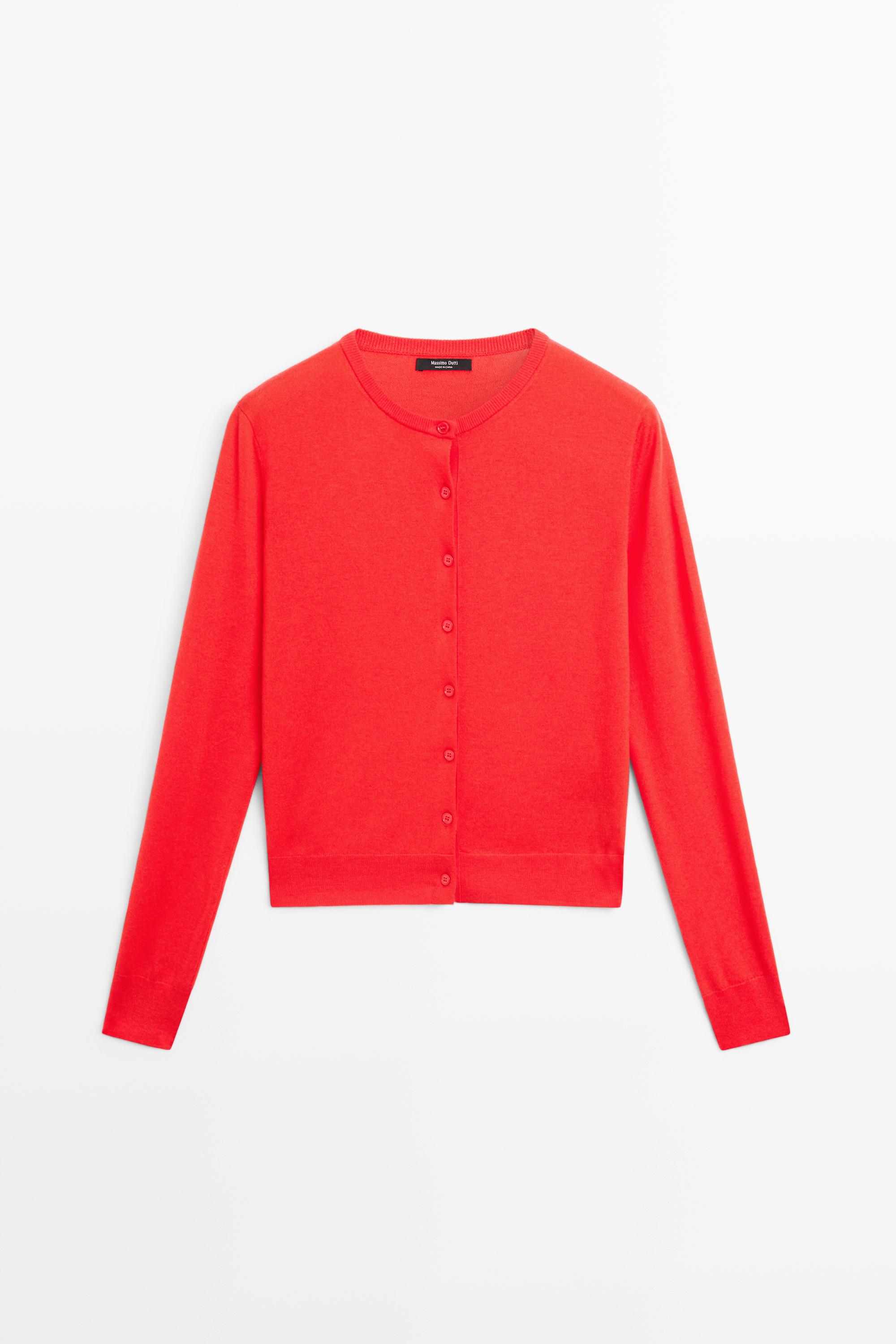 Fine-knit round neck cardigan - ORANGE