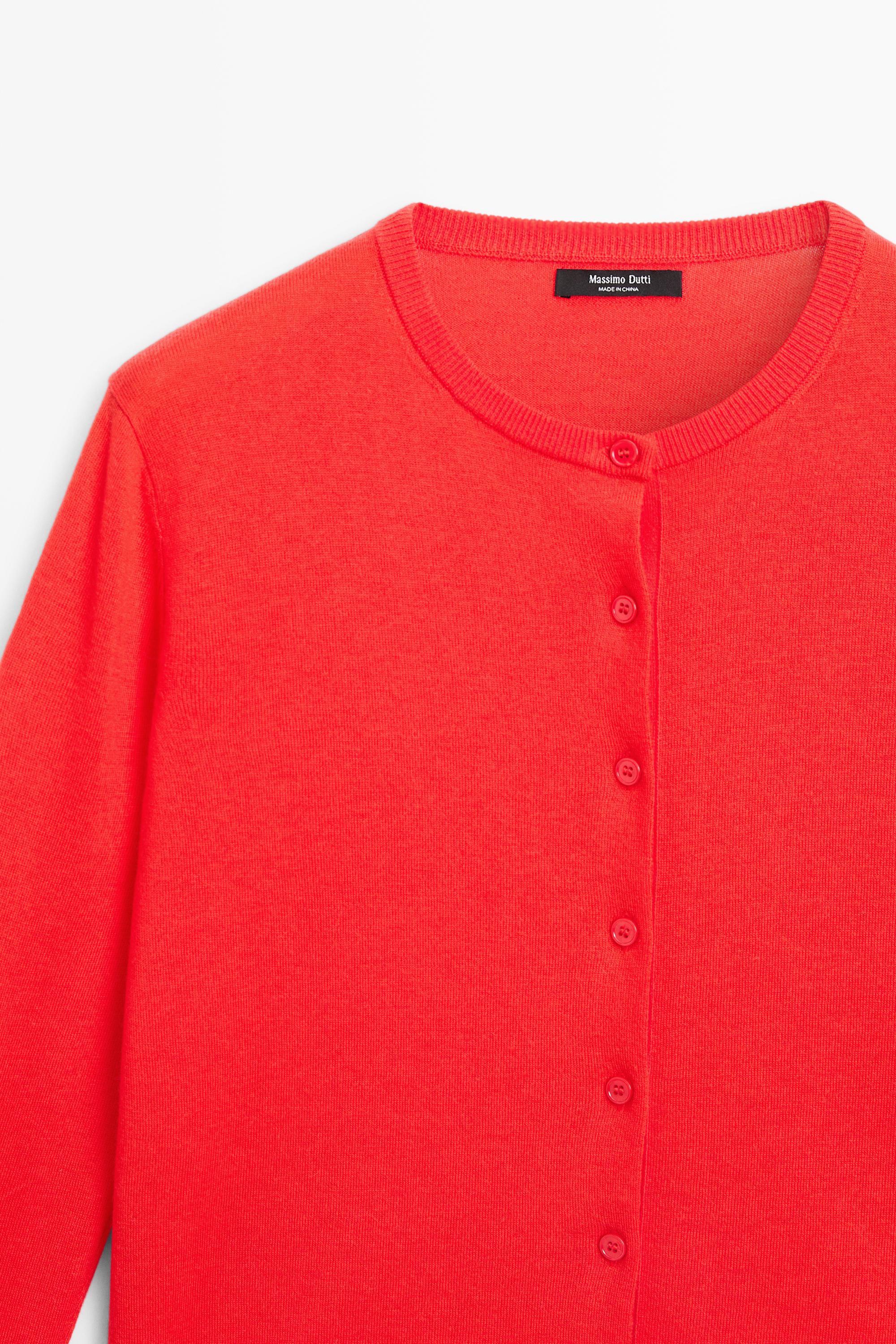 Fine-knit round neck cardigan - ORANGE