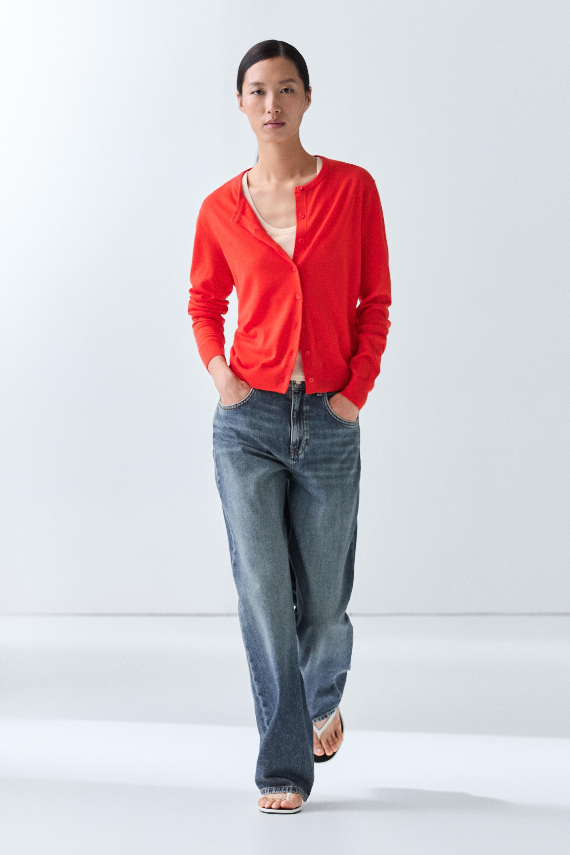 Fine-knit round neck cardigan - ORANGE