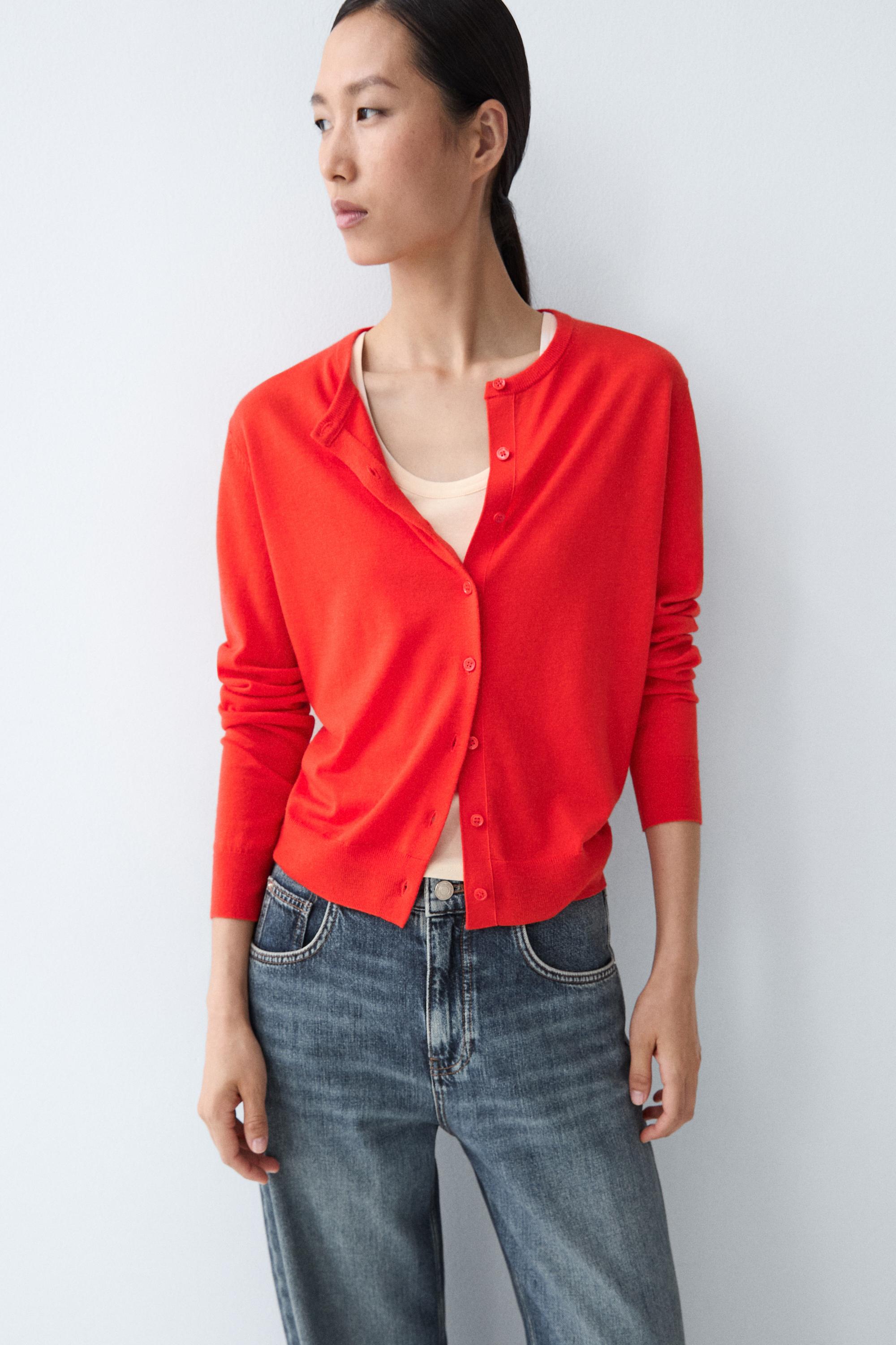 Fine-knit round neck cardigan - ORANGE