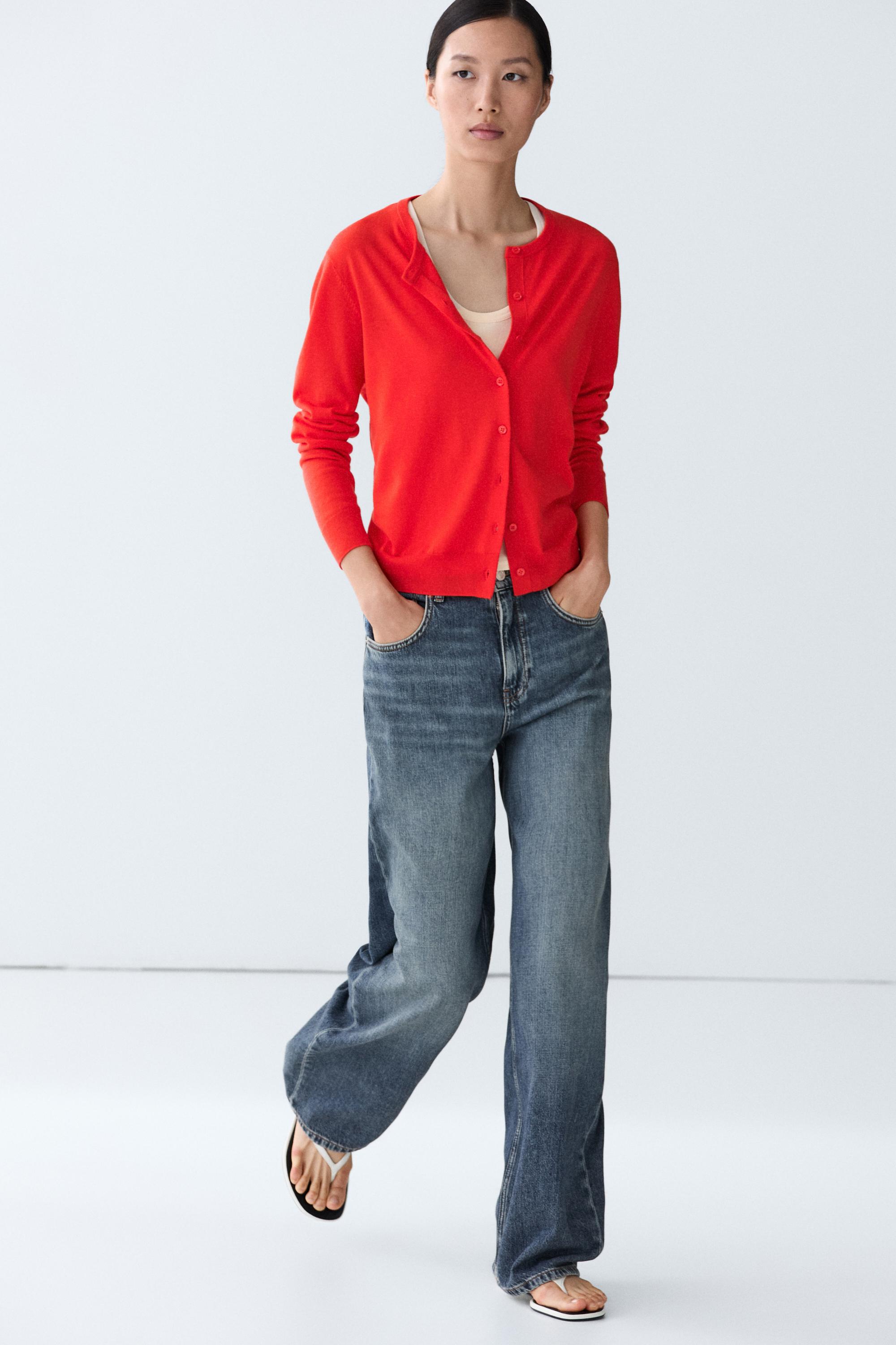 Fine-knit round neck cardigan - ORANGE