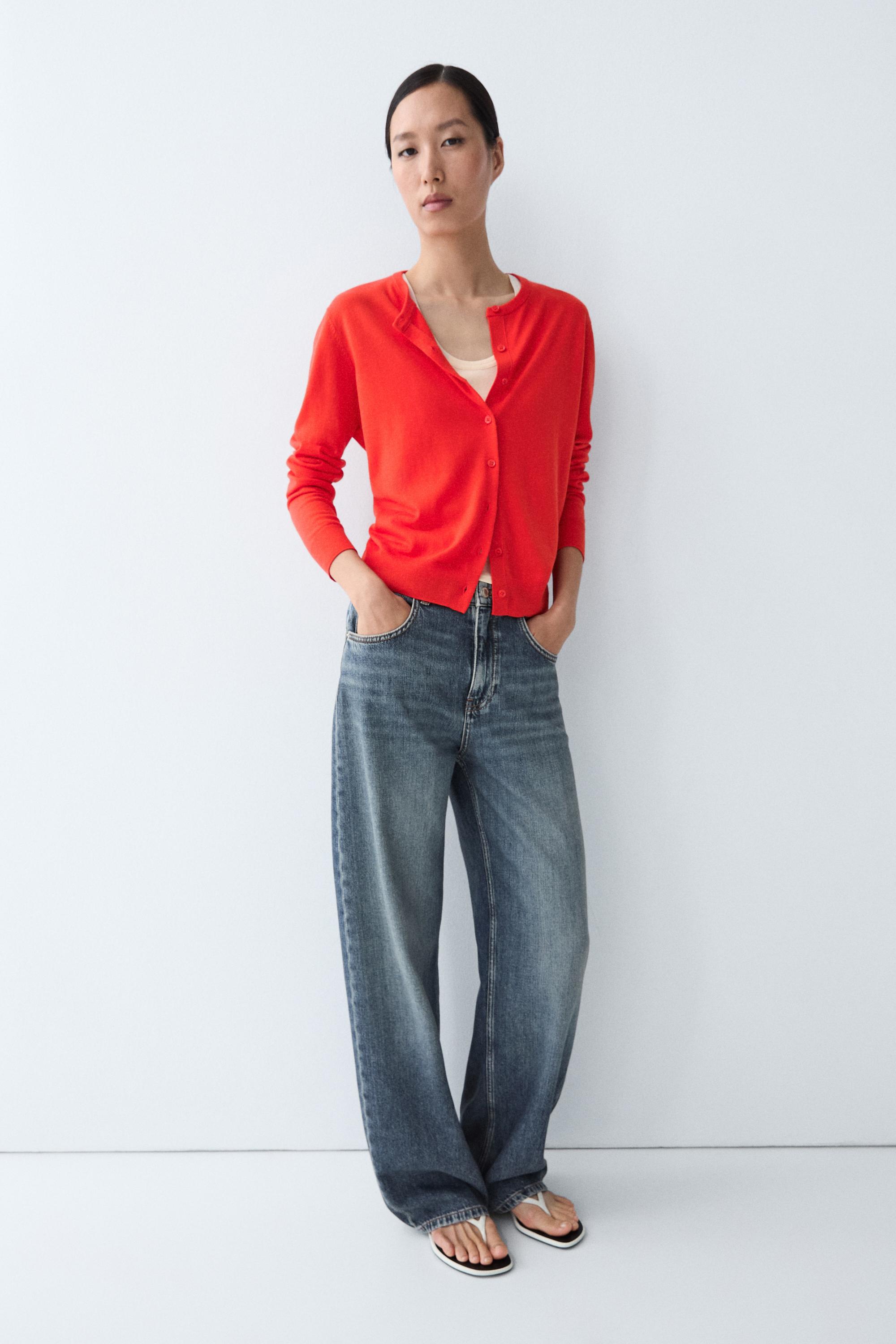 Fine-knit round neck cardigan - ORANGE