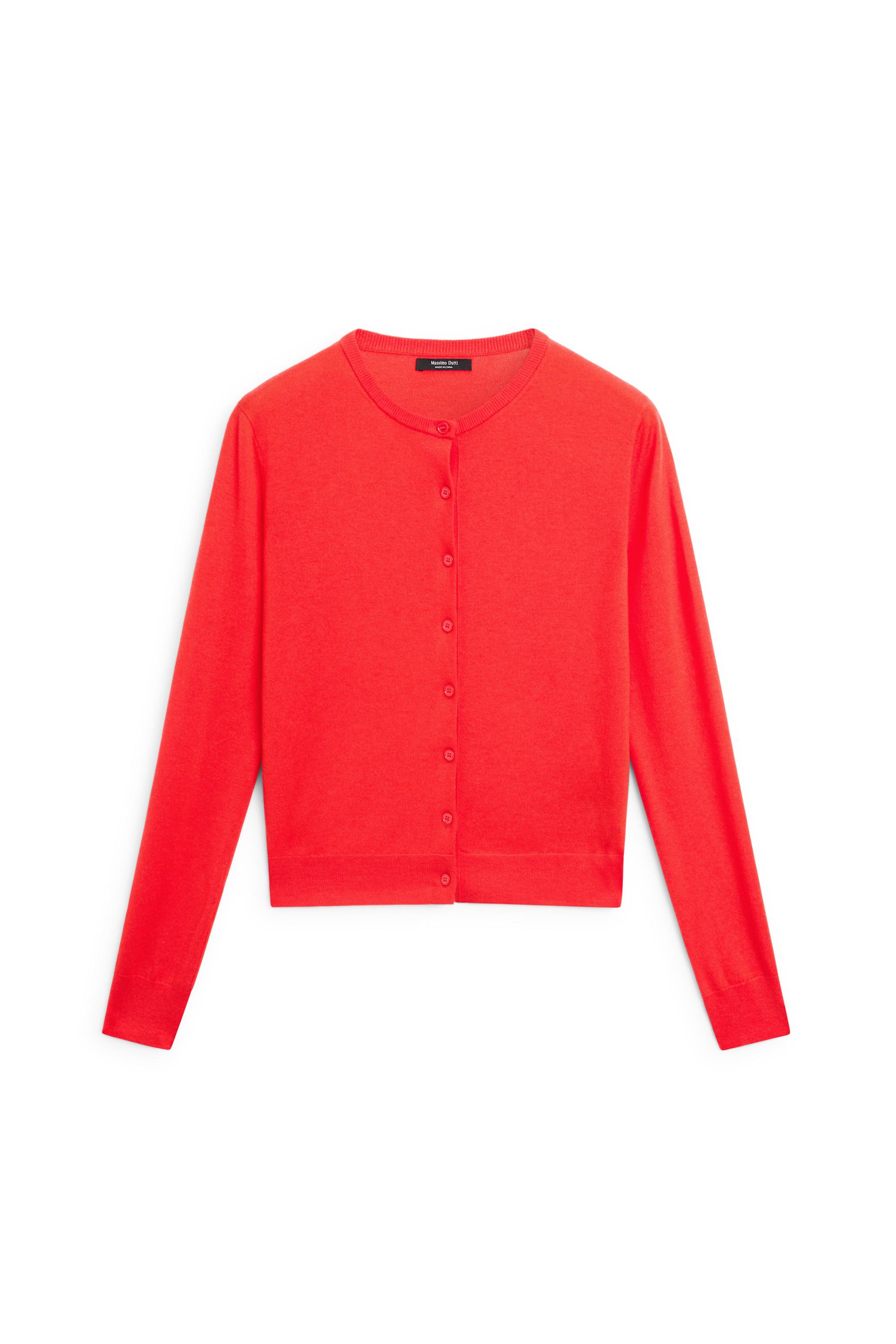 Fine-knit round neck cardigan - ORANGE