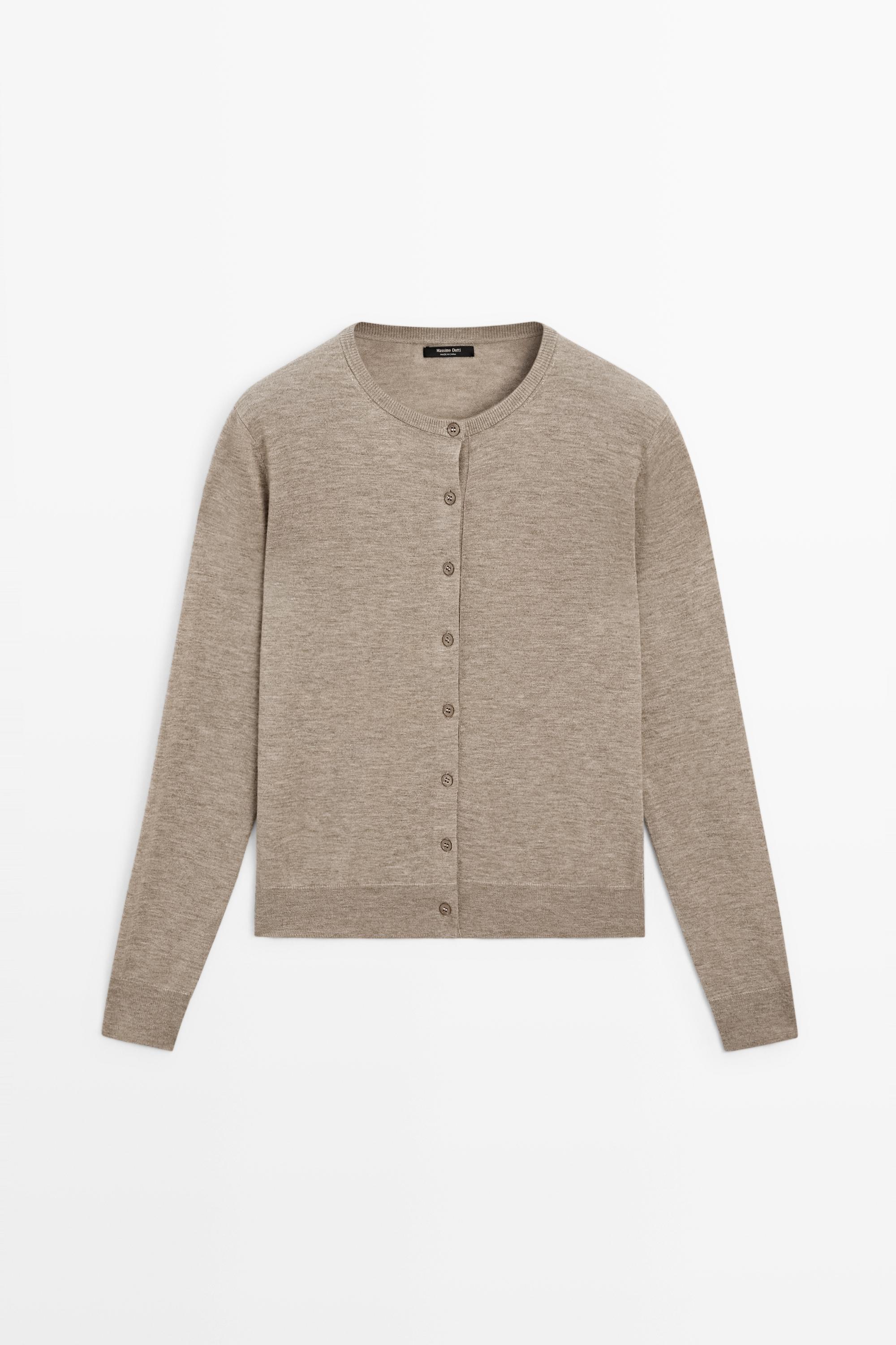Fine-knit round neck cardigan - BEIGE MARL
