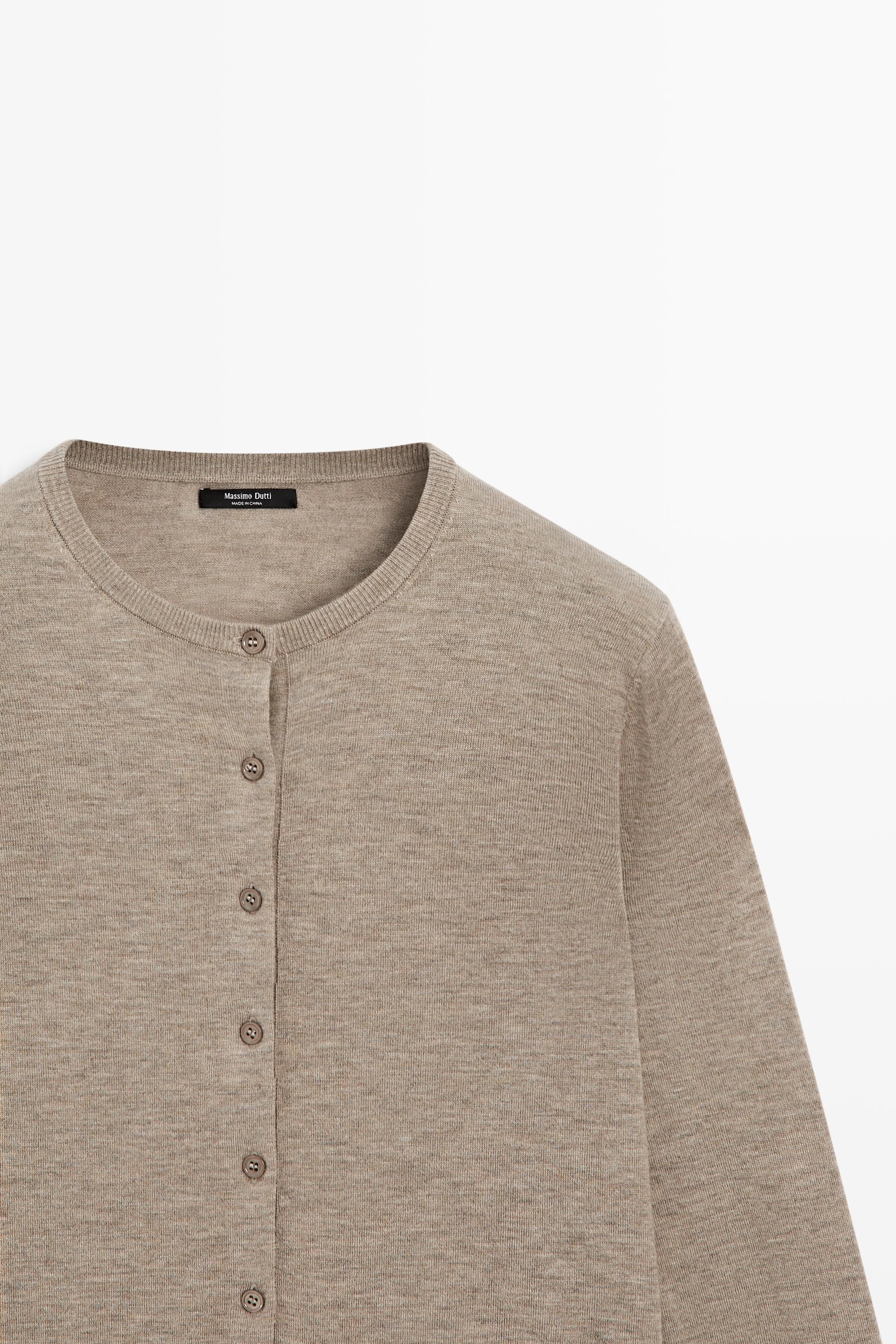 Fine-knit round neck cardigan - BEIGE MARL