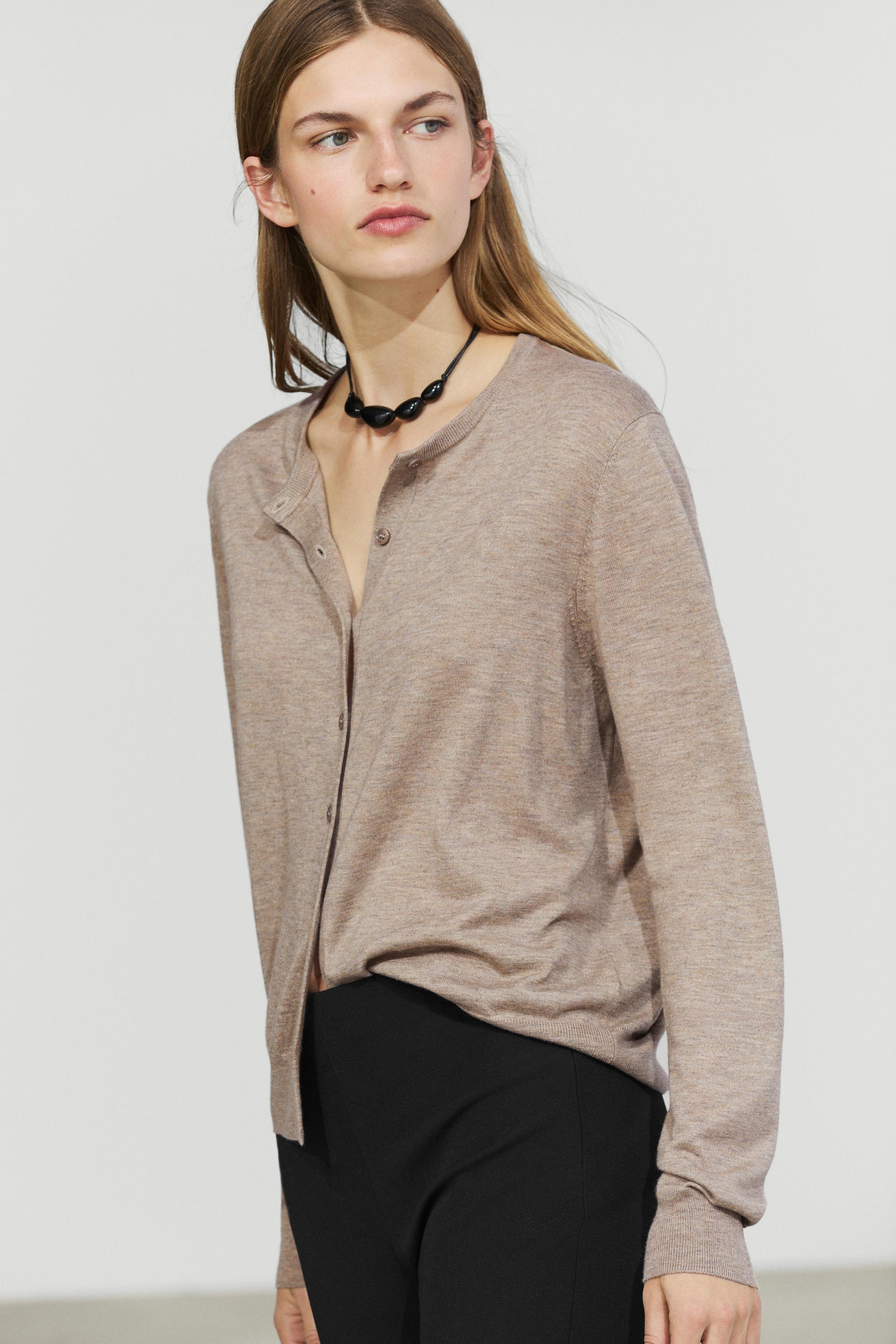 Fine-knit round neck cardigan - BEIGE MARL