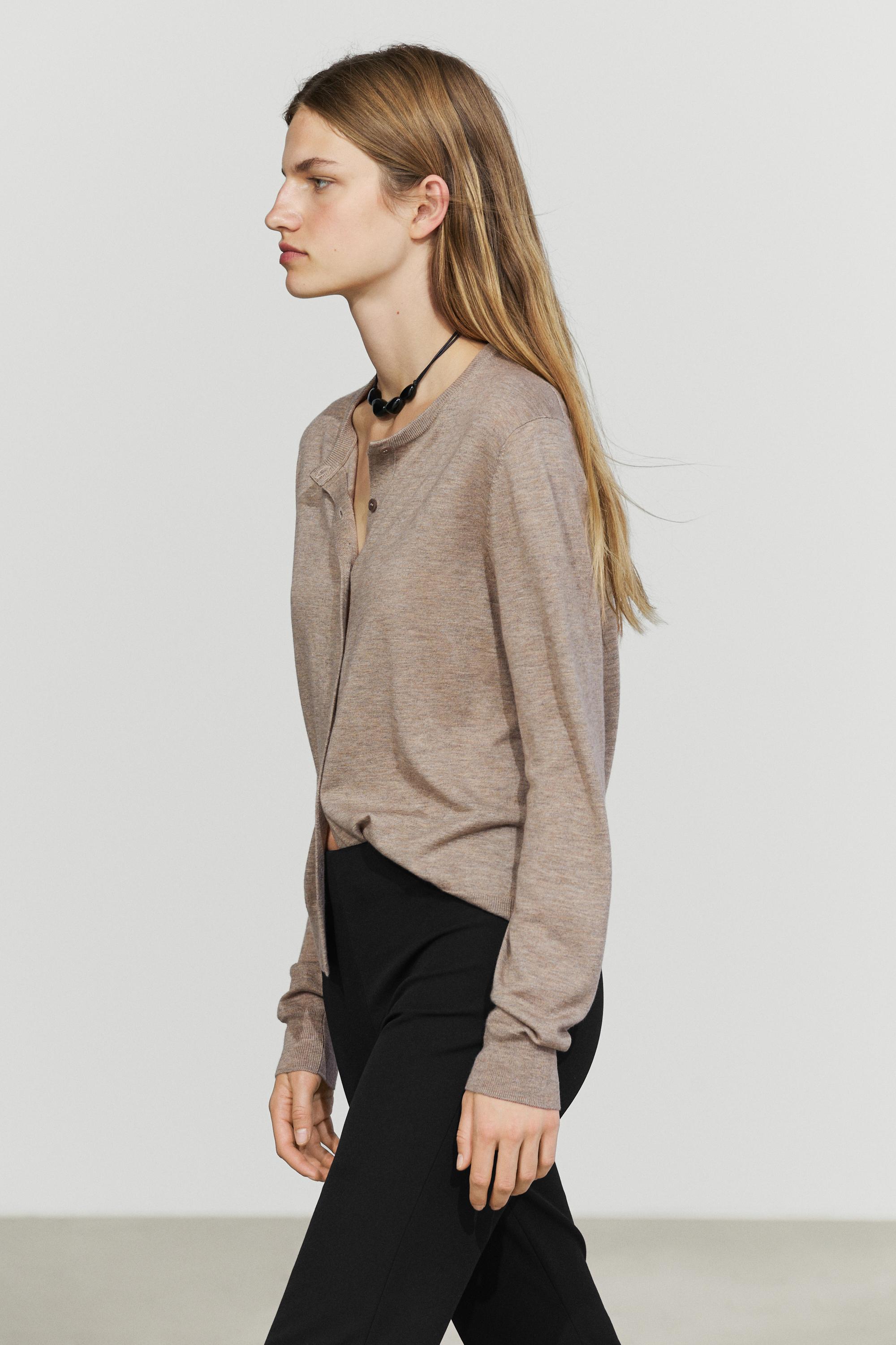 Fine-knit round neck cardigan - BEIGE MARL