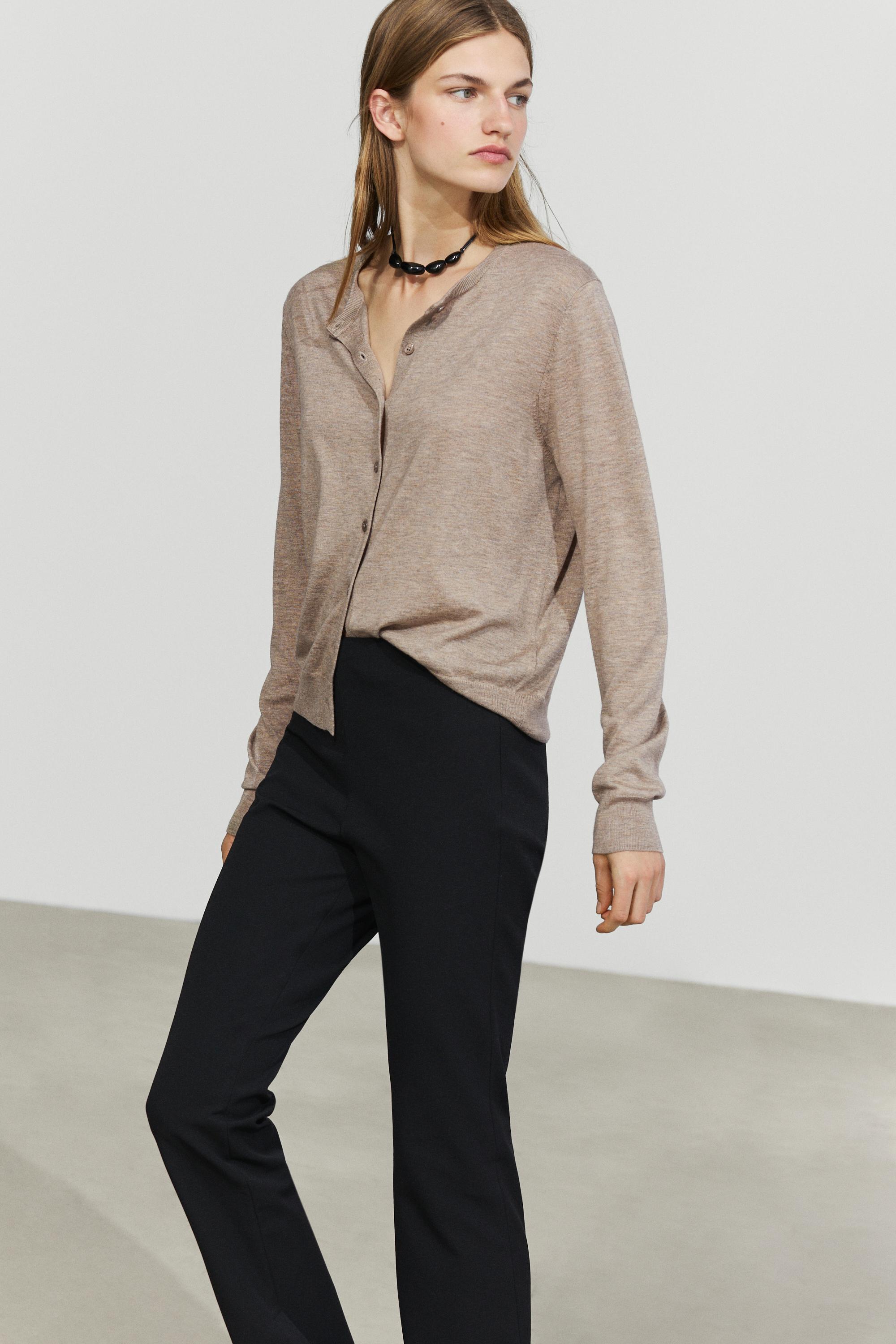 Fine-knit round neck cardigan - BEIGE MARL