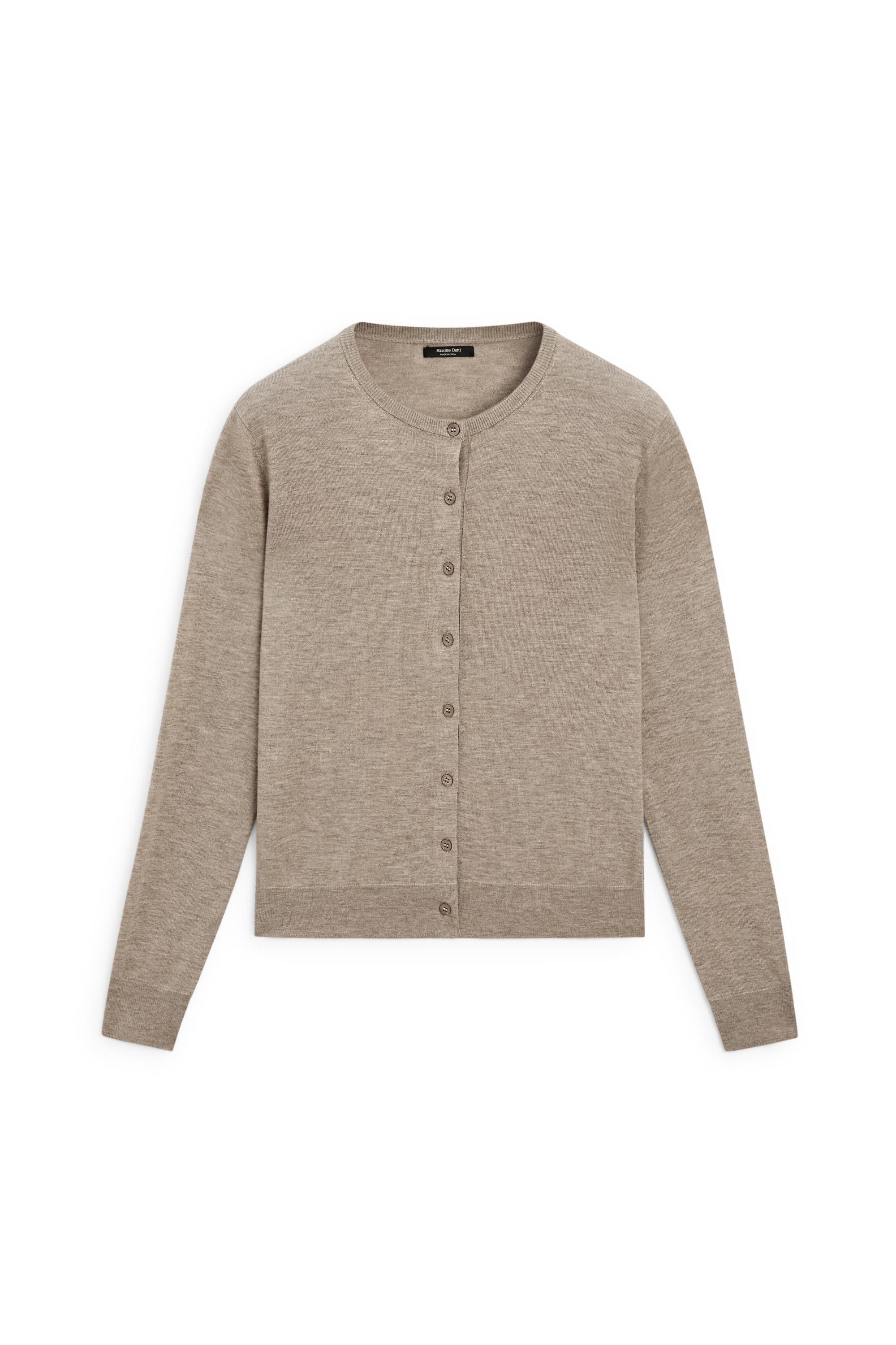 Fine-knit round neck cardigan - BEIGE MARL