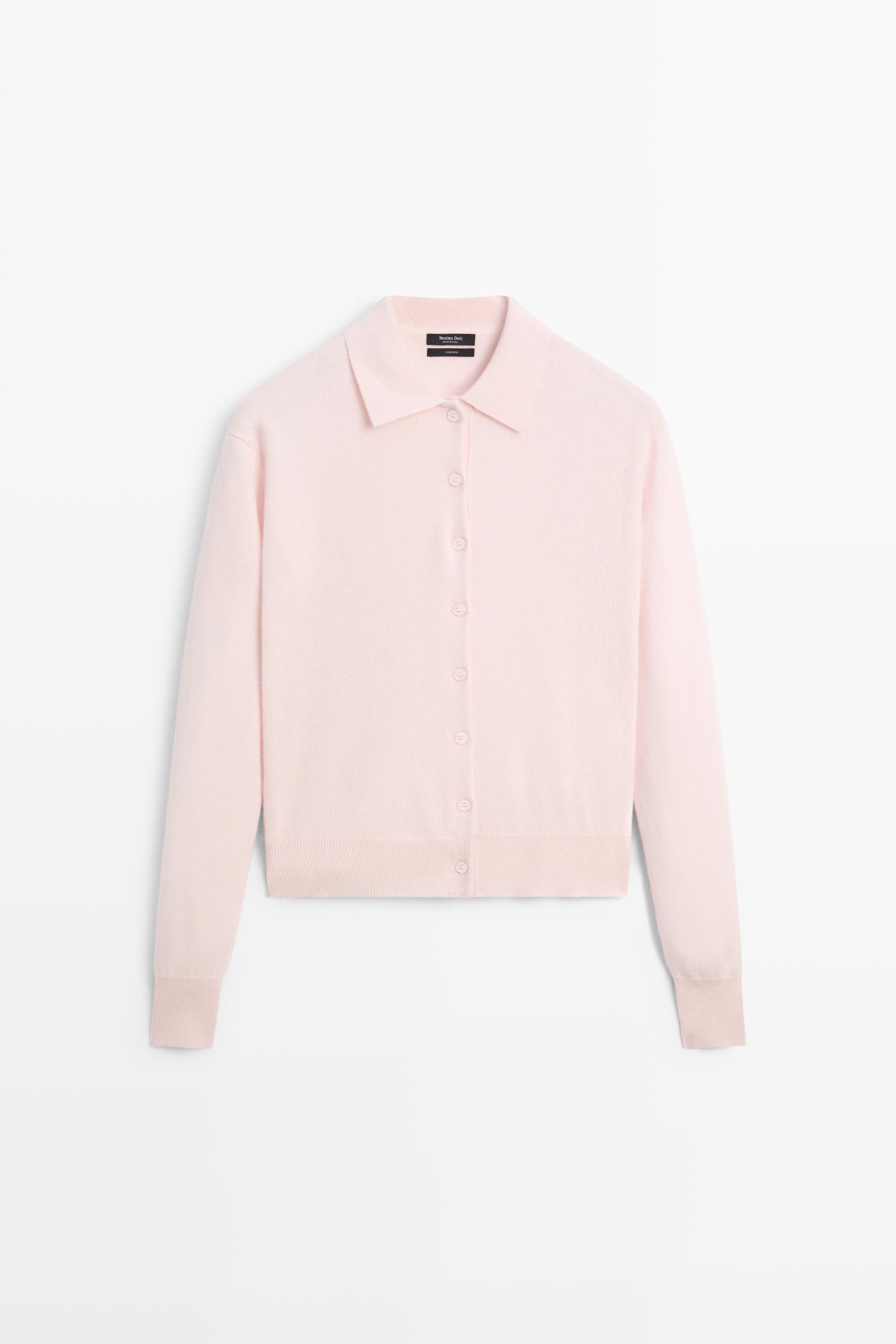 100% cashmere knit polo collar cardigan - Pink