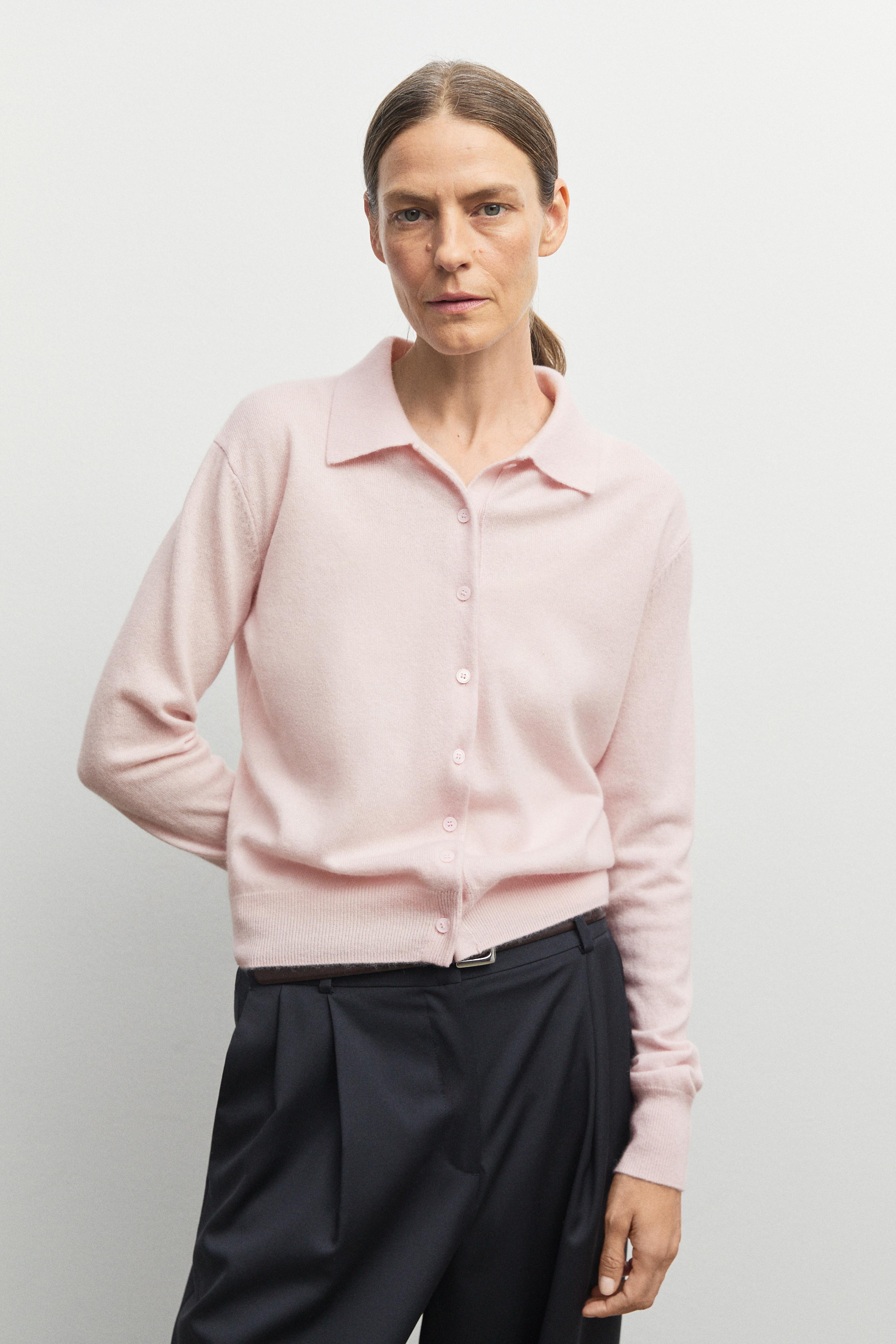 100% cashmere knit polo collar cardigan - Pink