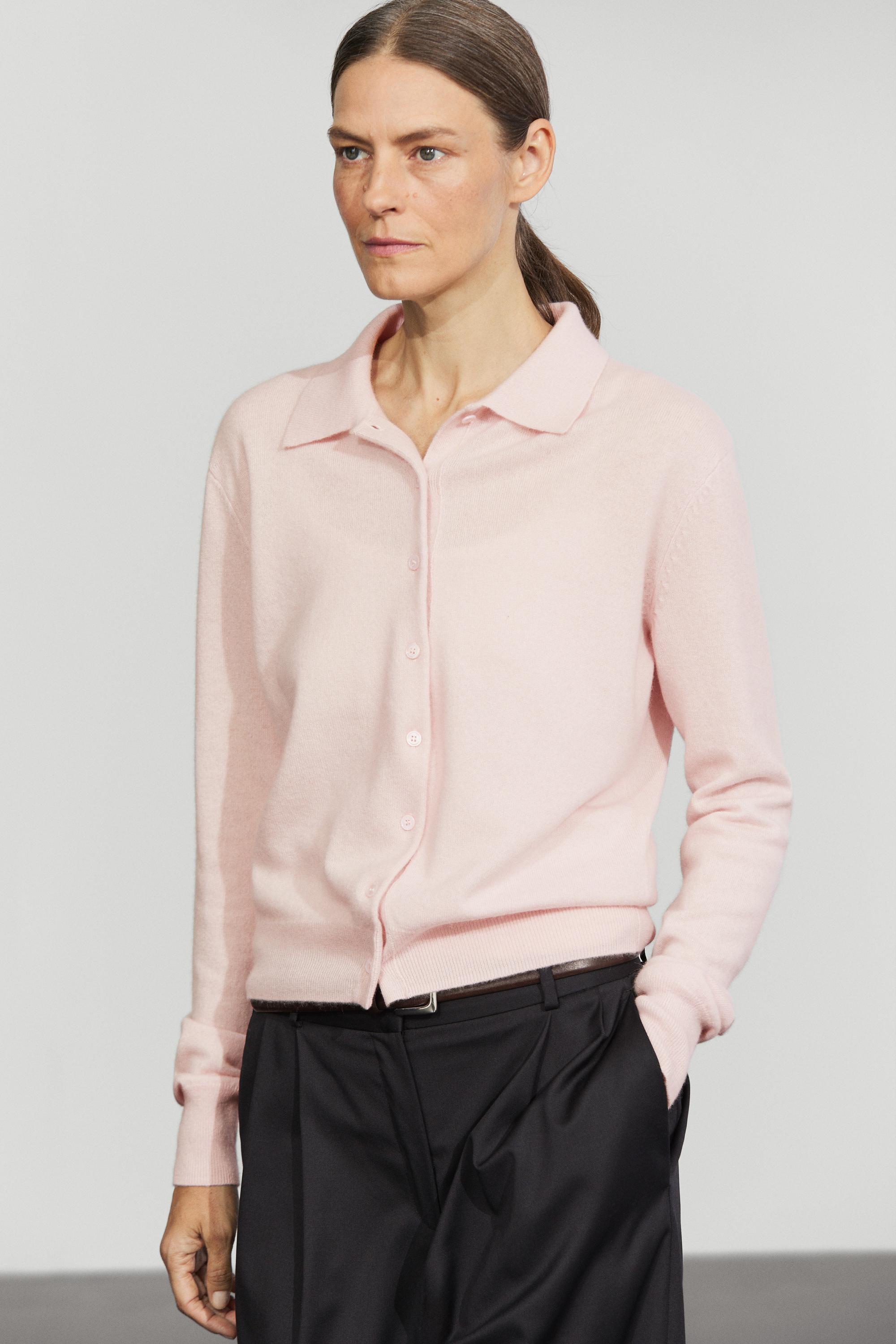 100% cashmere knit polo collar cardigan - Pink