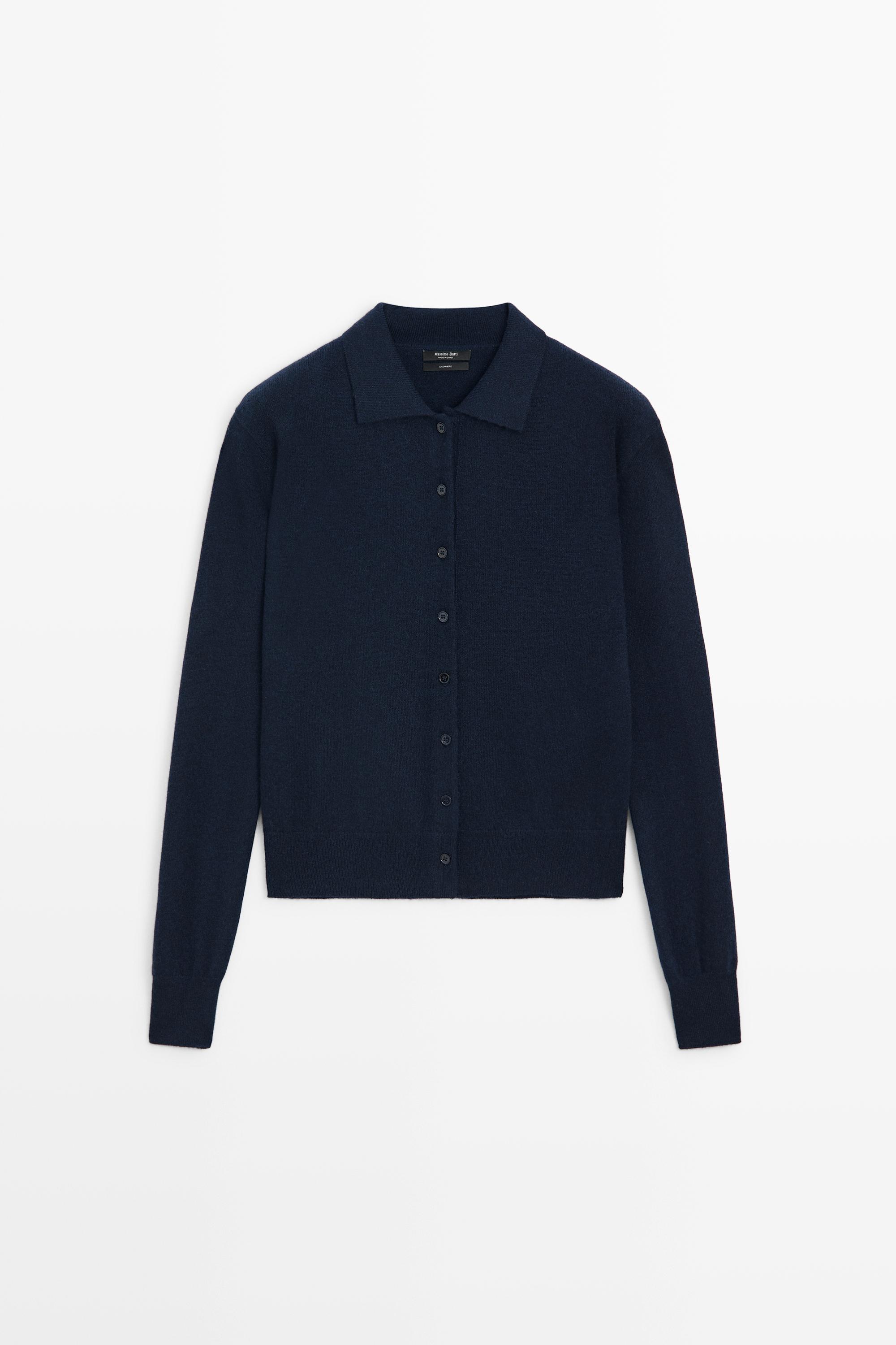 100% cashmere knit polo collar cardigan - NAVY BLUE