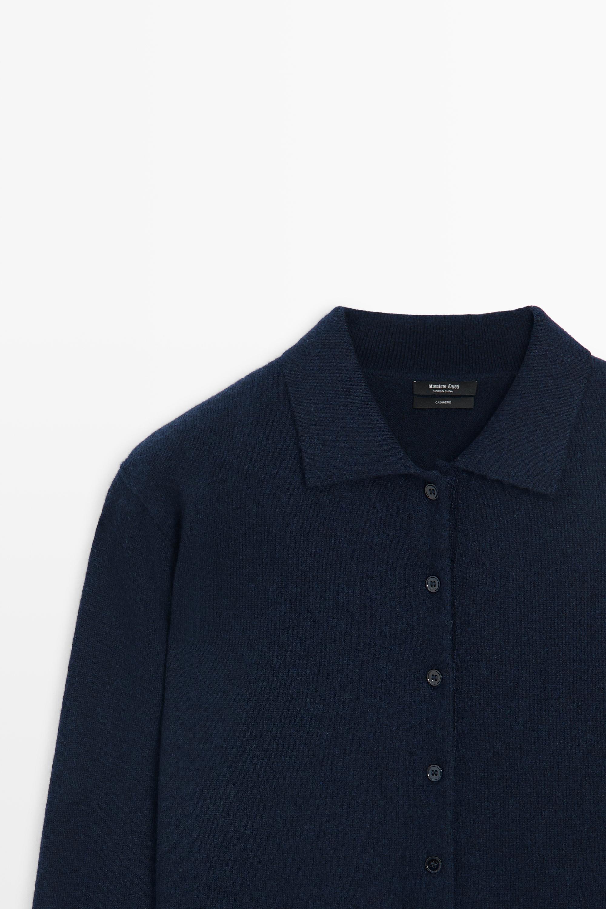 100% cashmere knit polo collar cardigan - NAVY BLUE