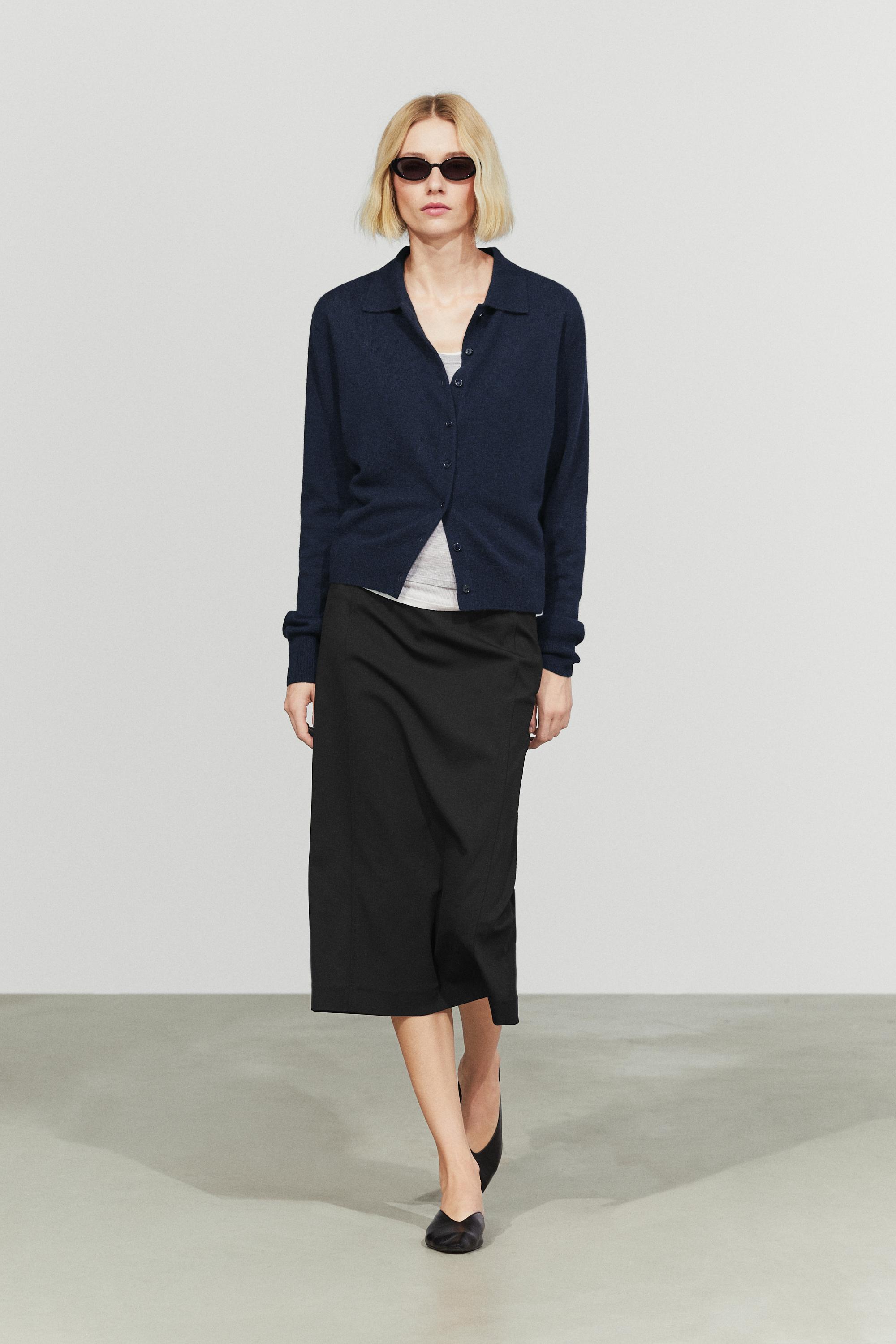 100% cashmere knit polo collar cardigan - NAVY BLUE