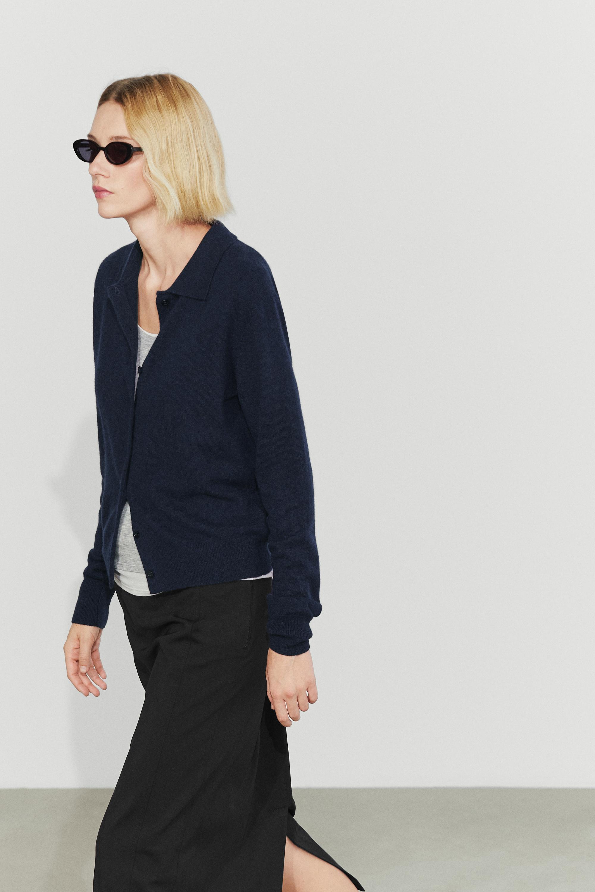 100% cashmere knit polo collar cardigan - NAVY BLUE