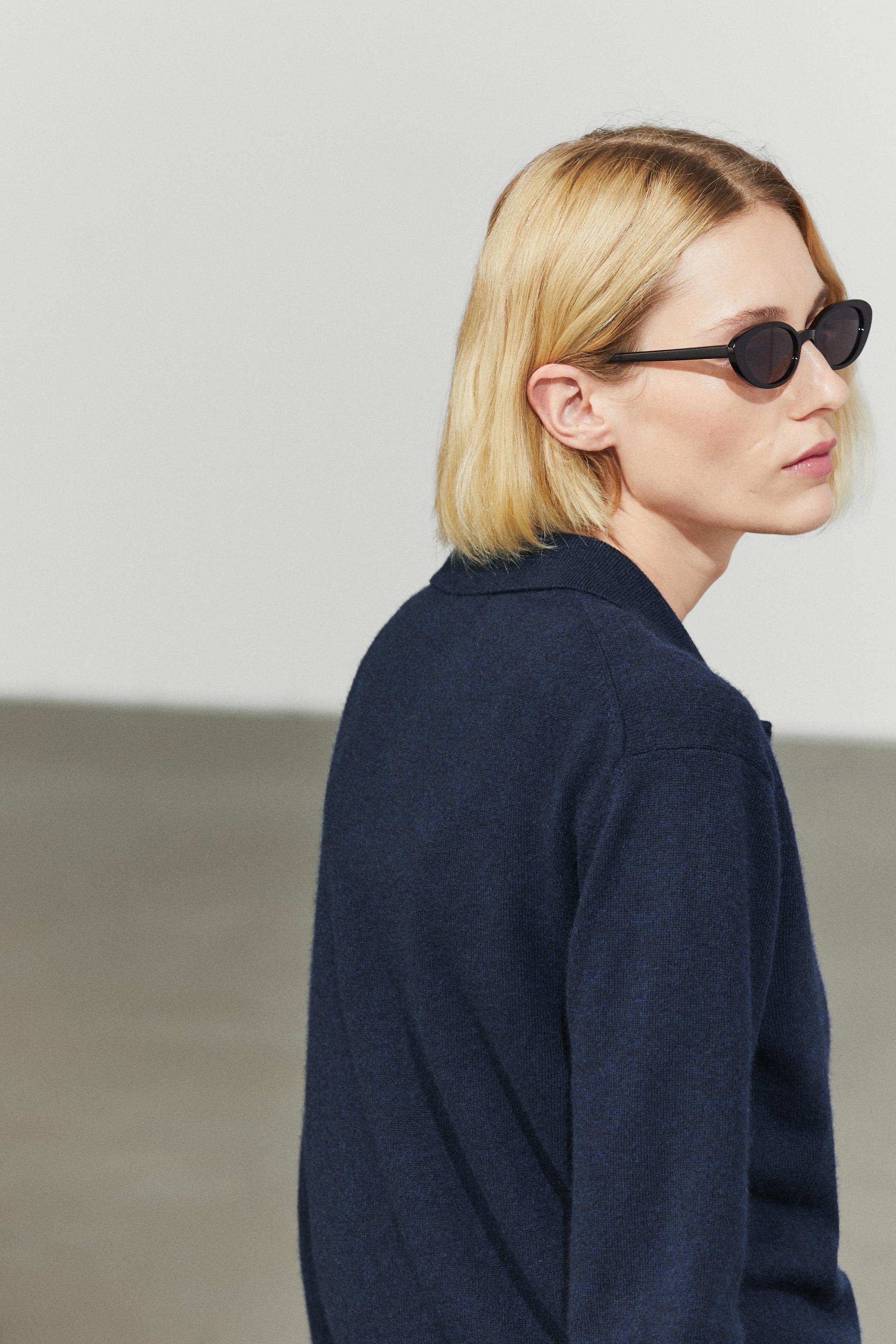 100% cashmere knit polo collar cardigan - NAVY BLUE